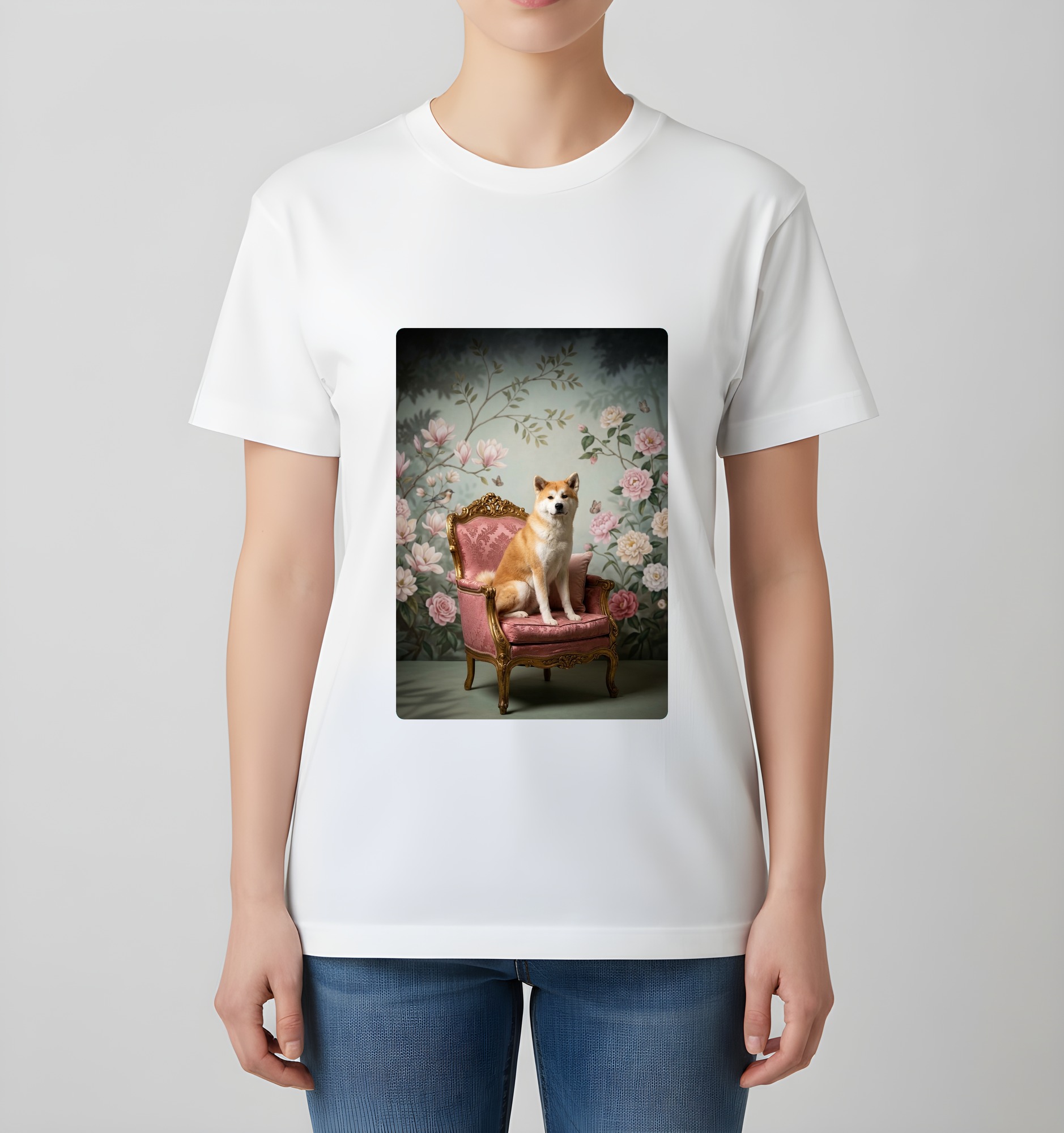 秋田犬のシャビーピンクの油絵風アートロココ調Tシャツ(ホワイト)(4枚目)
