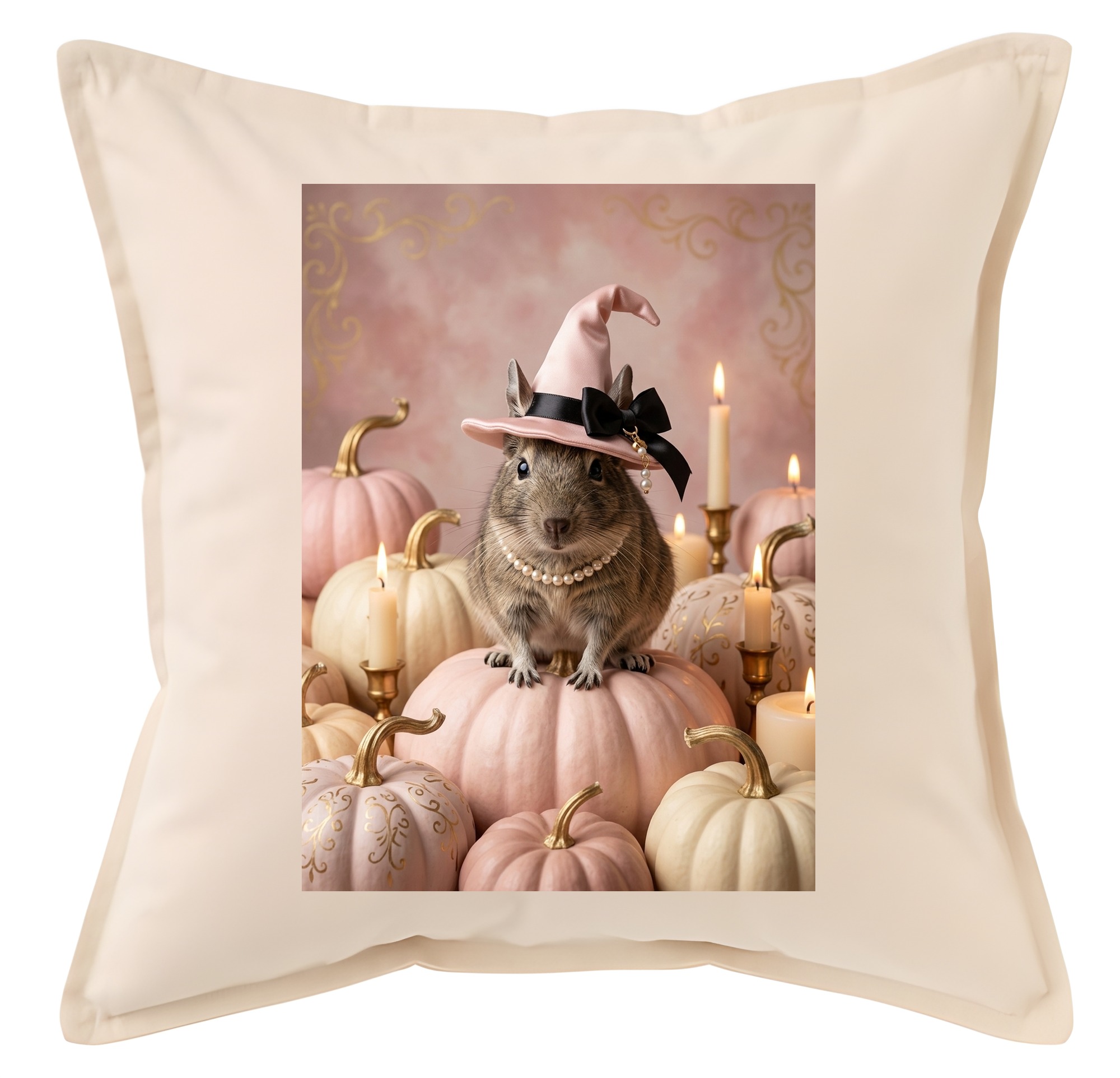 デグーのかぼちゃとキャンドルの油絵風アートハロウィンクッション