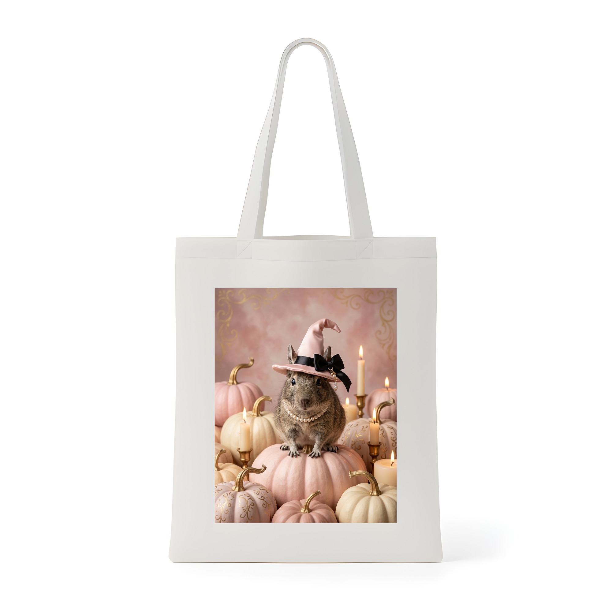 デグーのかぼちゃとキャンドルの油絵風アートハロウィントートバッグ