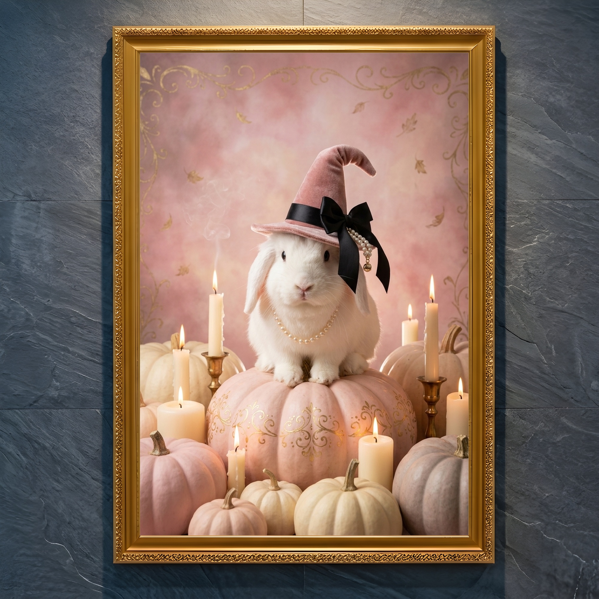 イングリッシュアンゴラのかぼちゃとキャンドルの油絵風アートハロウィン額装プリント(A4金縁)