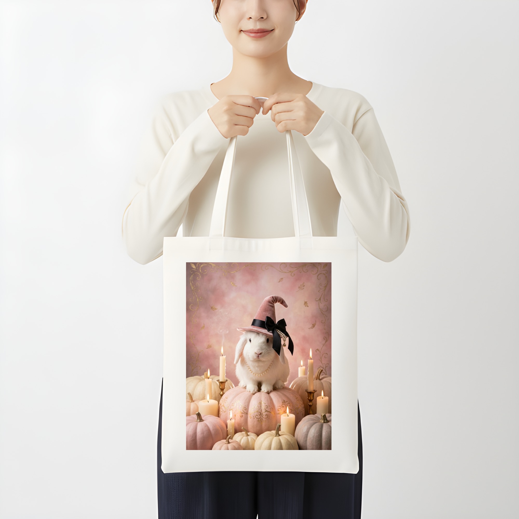 イングリッシュアンゴラのかぼちゃとキャンドルの油絵風アートハロウィントートバッグ(3枚目)