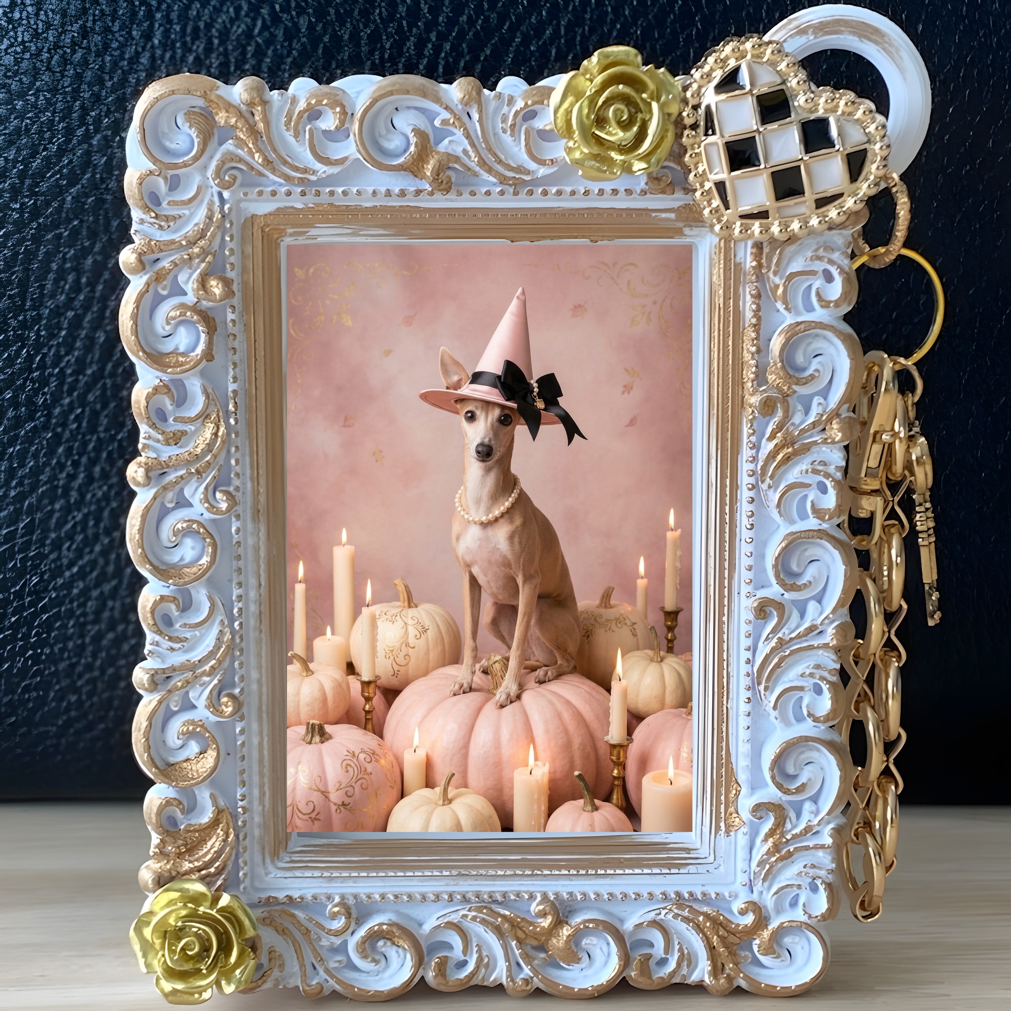 イタリアングレーハウンドのかぼちゃとキャンドルの油絵風アートハロウィンバッグチャーム（ホワイト）（2枚目）