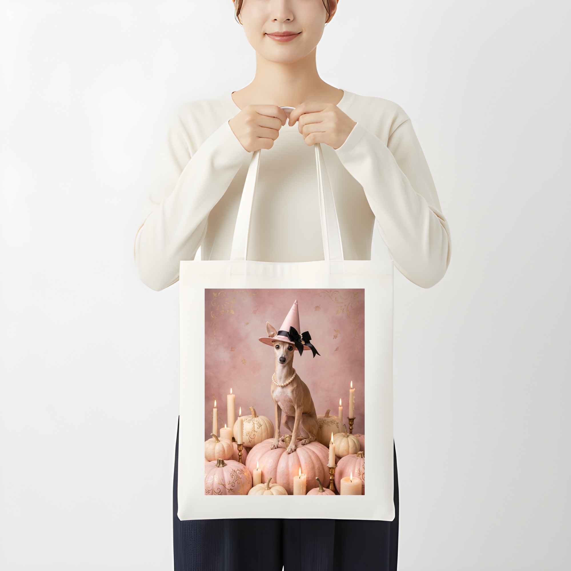 イタリアングレーハウンドのかぼちゃとキャンドルの油絵風アートハロウィントートバッグ（3枚目）