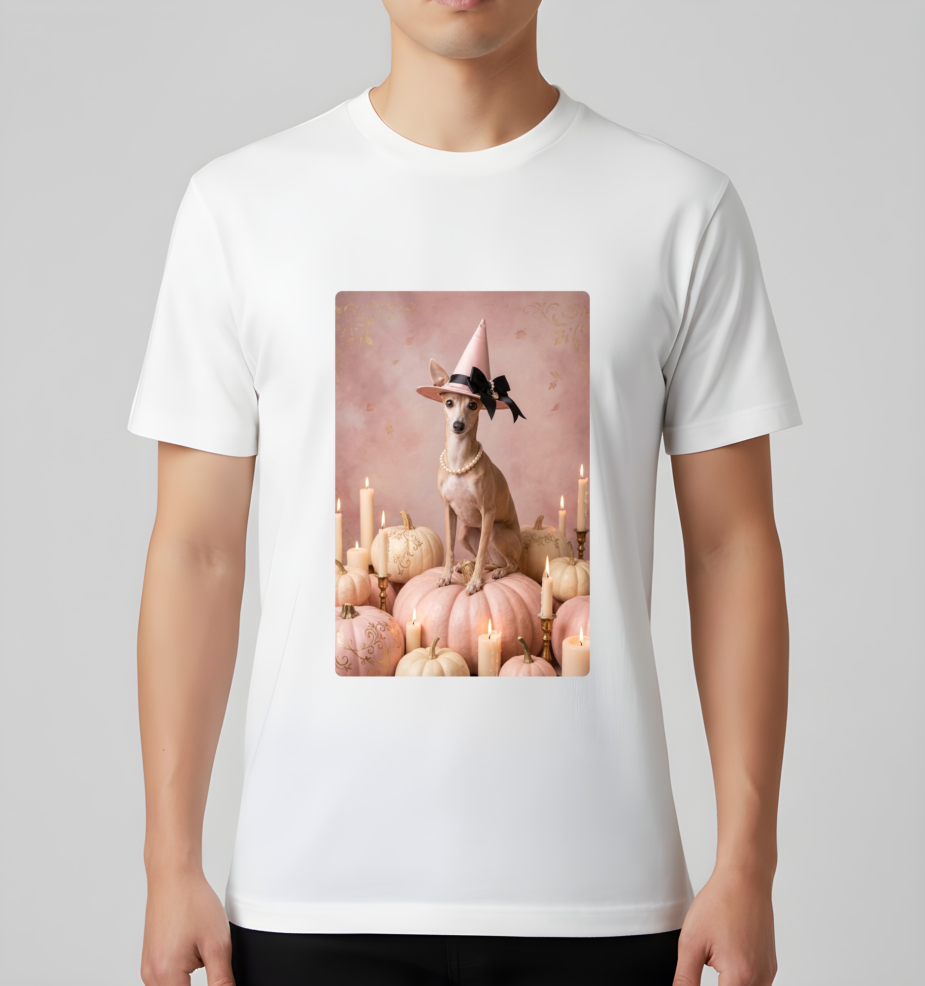 イタリアングレーハウンドのかぼちゃとキャンドルの油絵風アートハロウィンTシャツ(ホワイト)(3枚目)
