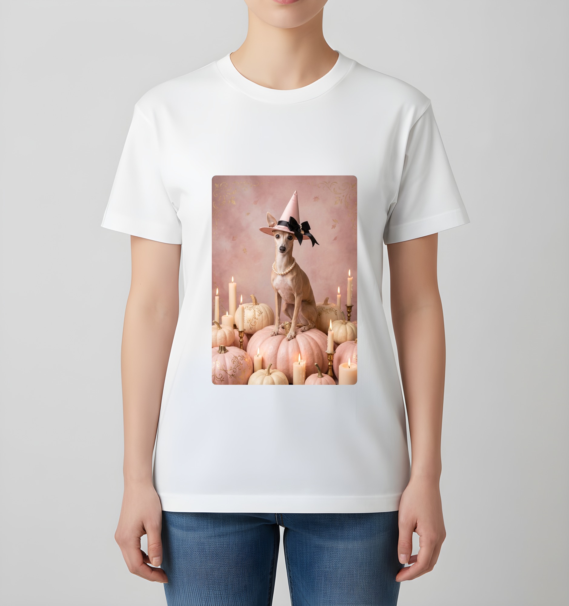 イタリアングレーハウンドのかぼちゃとキャンドルの油絵風アートハロウィンTシャツ(ホワイト)(4枚目)