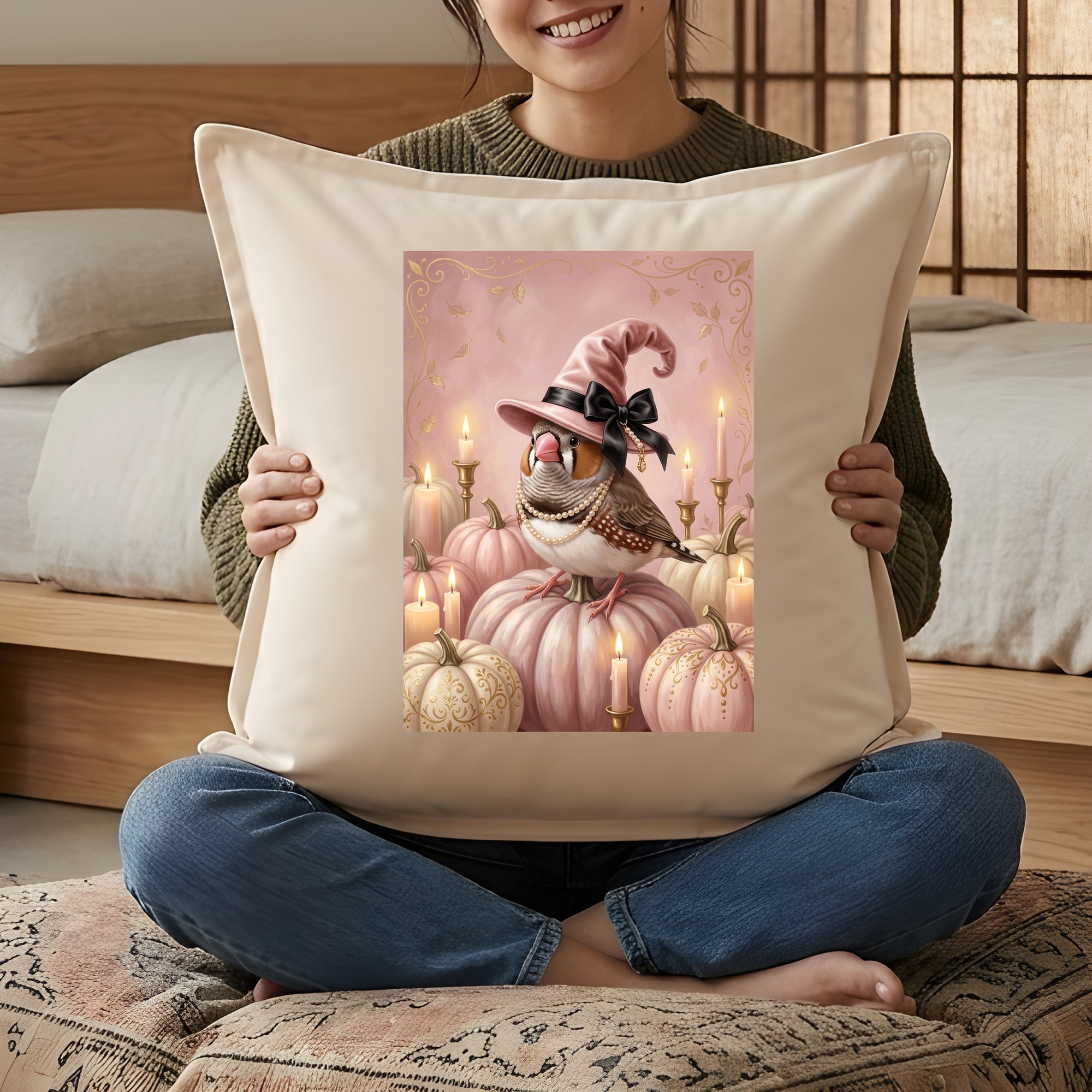 十姉妹・ジュウシマツのかぼちゃとキャンドルの油絵風アートハロウィンクッション(3枚目)