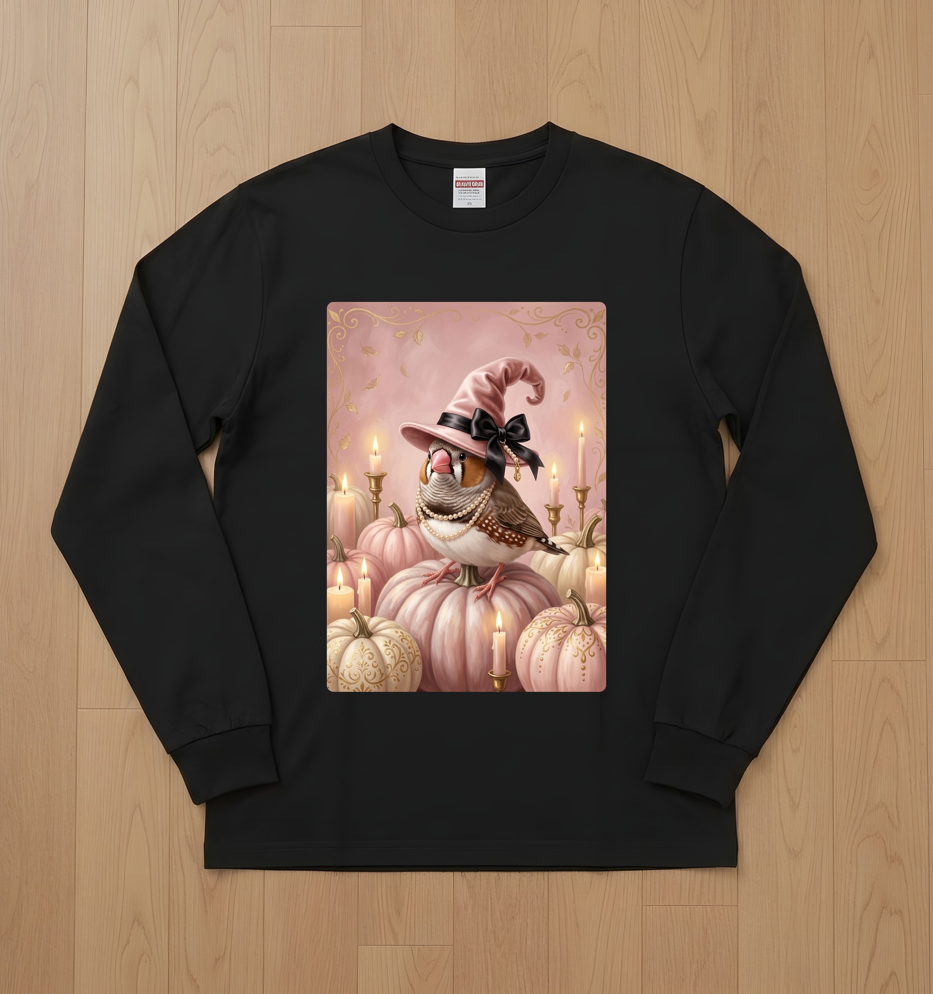 十姉妹・ジュウシマツのかぼちゃとキャンドルの油絵風アートハロウィン長袖Tシャツ(ブラック)