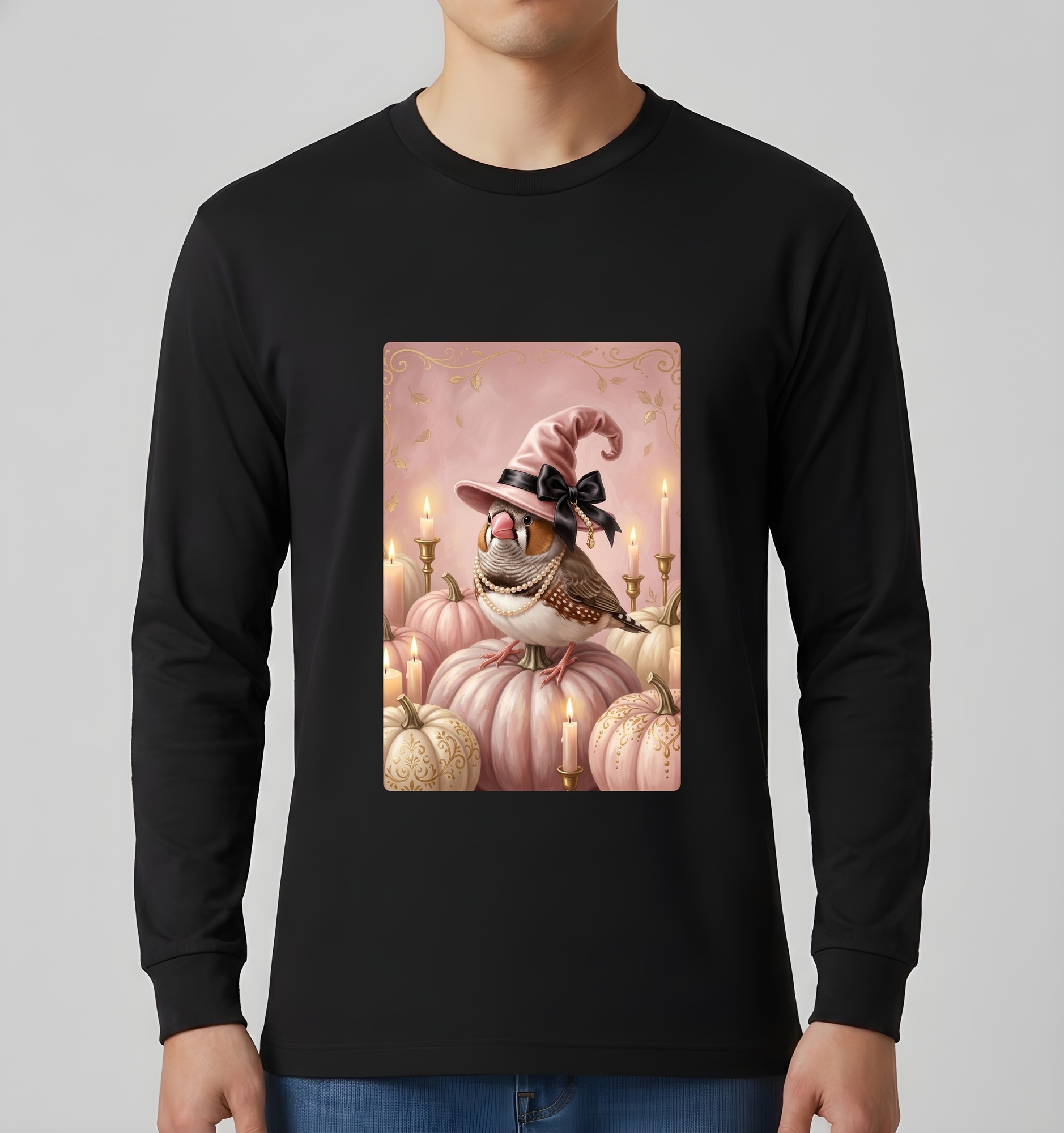 十姉妹・ジュウシマツのかぼちゃとキャンドルの油絵風アートハロウィン長袖Tシャツ(ブラック)(3枚目)