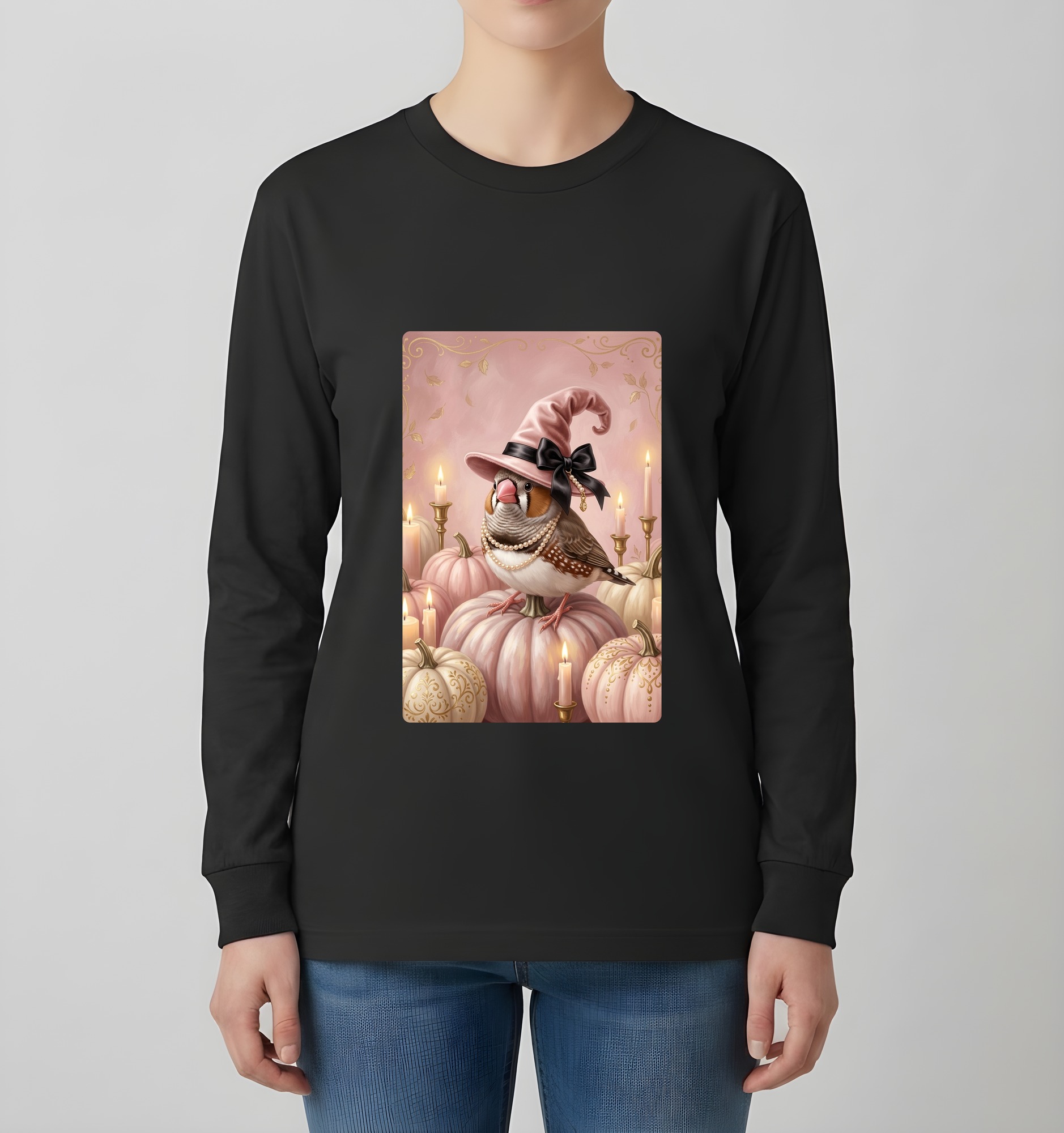 十姉妹・ジュウシマツのかぼちゃとキャンドルの油絵風アートハロウィン長袖Tシャツ(ブラック)(4枚目)