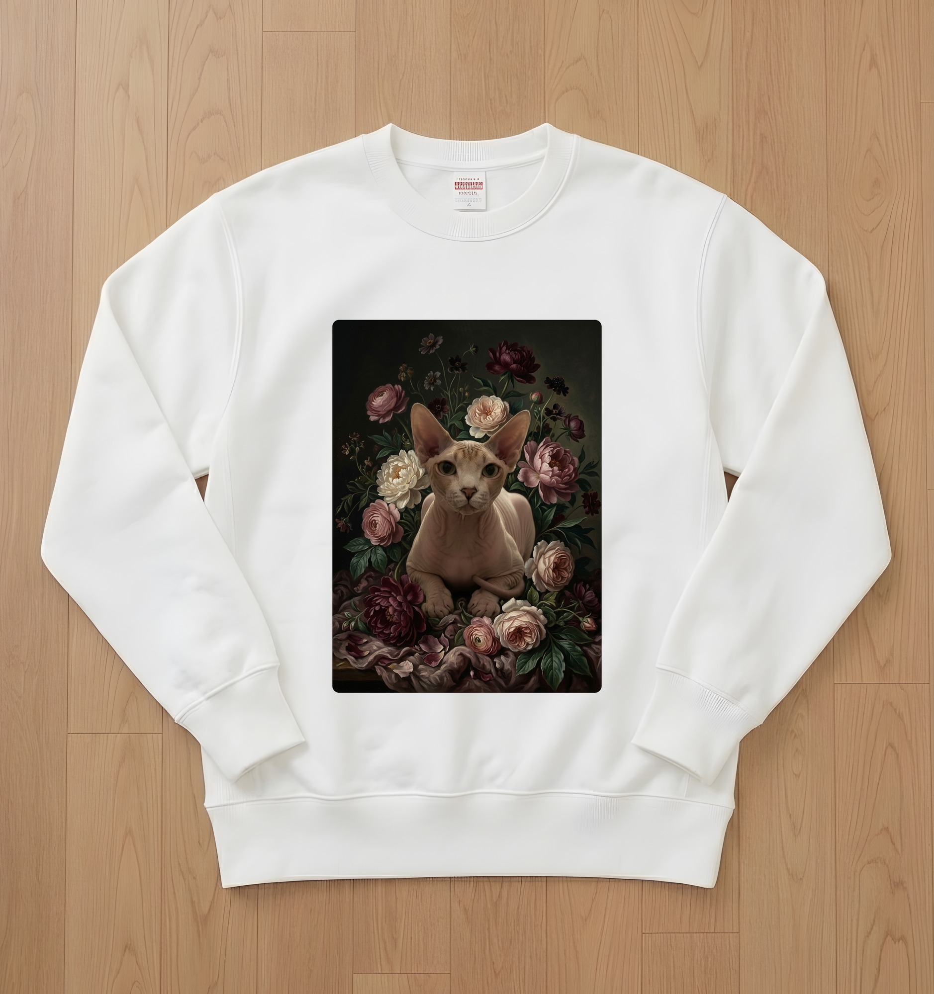 スフィンクスの花の油絵風アート花柄トレーナー(ホワイト)