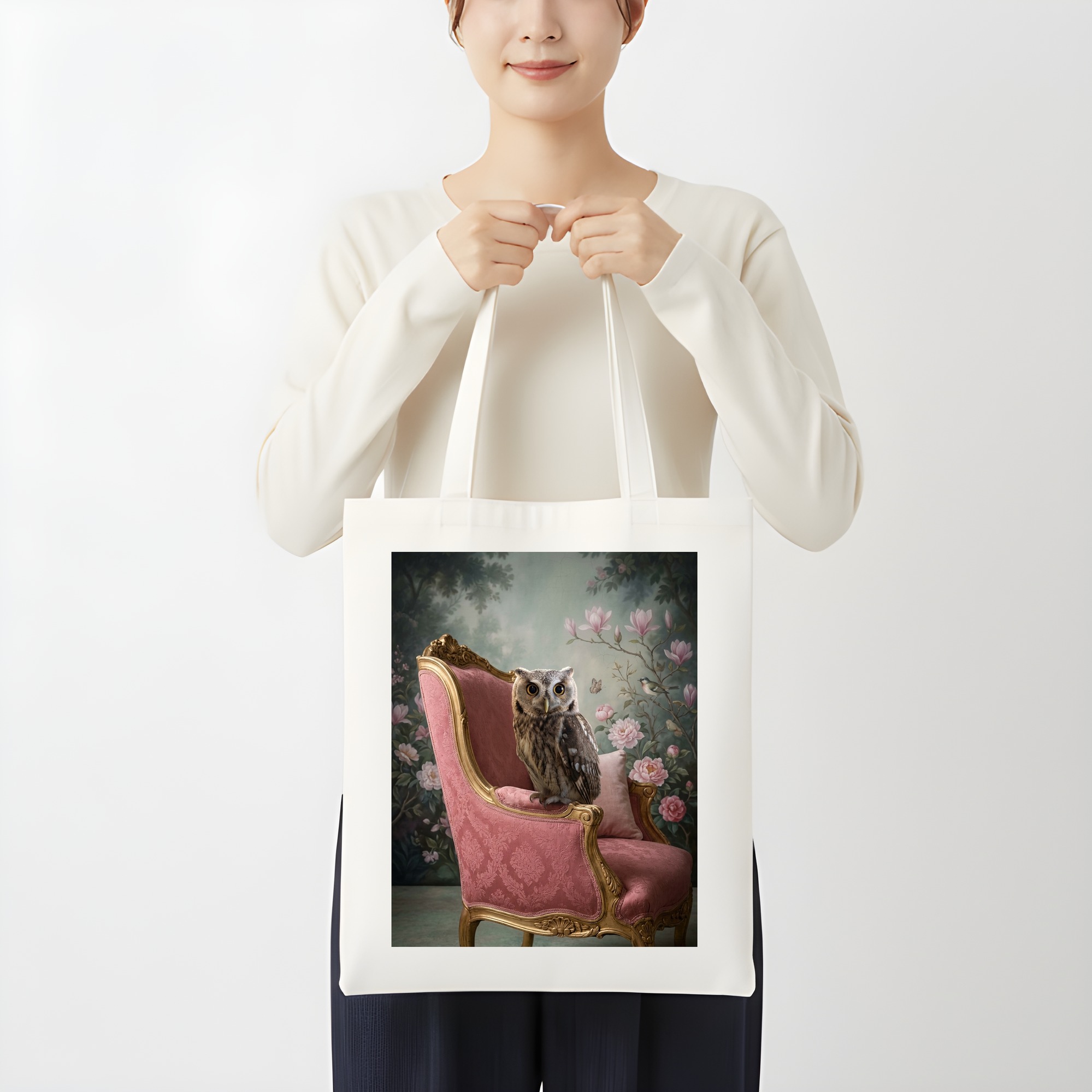 コノハズクのシャビーピンクの油絵風アートロココ調トートバッグ(3枚目)