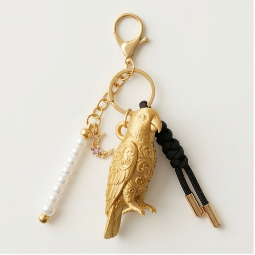 シロハラインコのルネサンス肖像画キーホルダー(シルクゴールド)