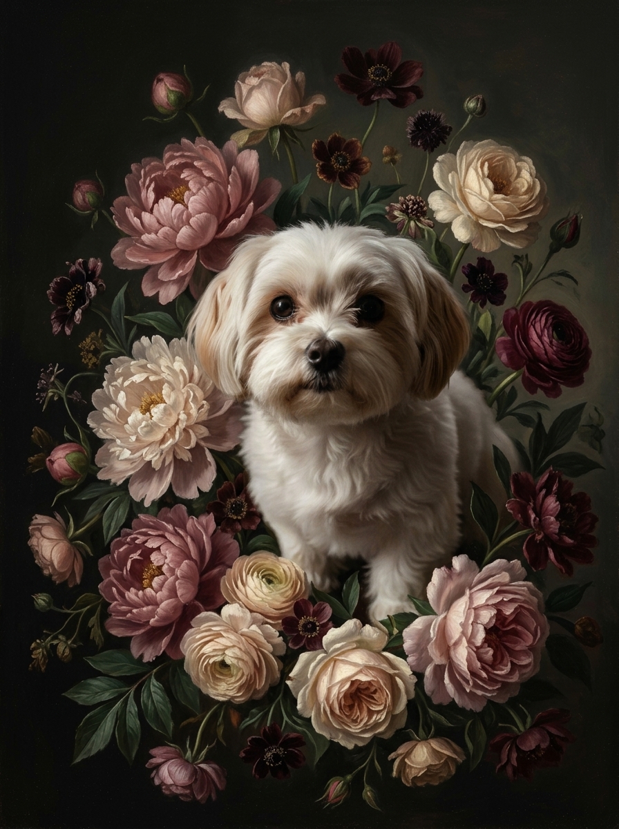 マルチーズの花の油絵風アート花柄額装プリント（A4金縁）（4枚目）