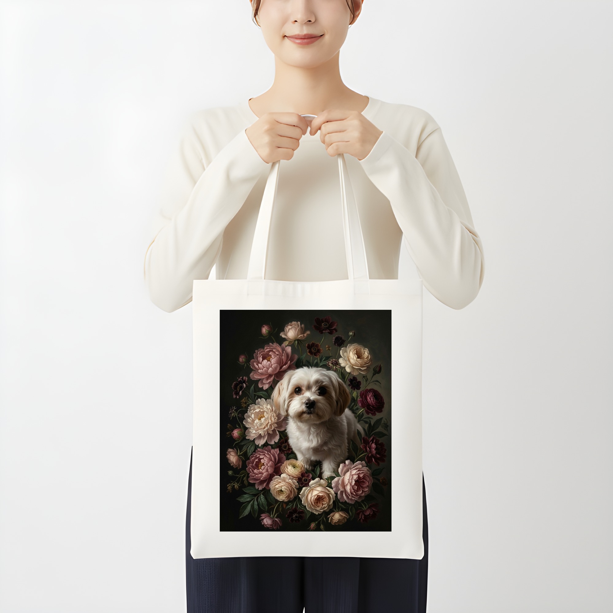 マルチーズの花の油絵風アート花柄トートバッグ(3枚目)