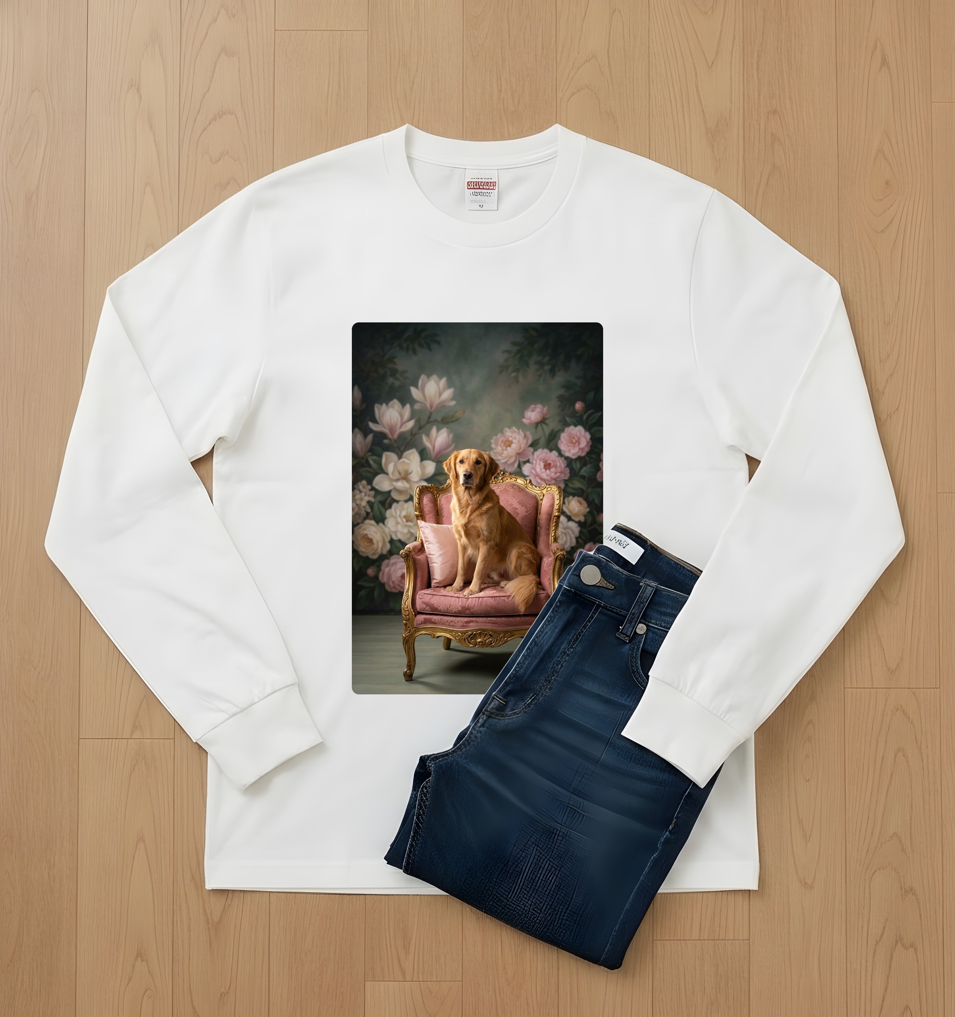 ゴールデンレトリバーのシャビーピンクの油絵風アートロココ調長袖Tシャツ(ホワイト)(2枚目)