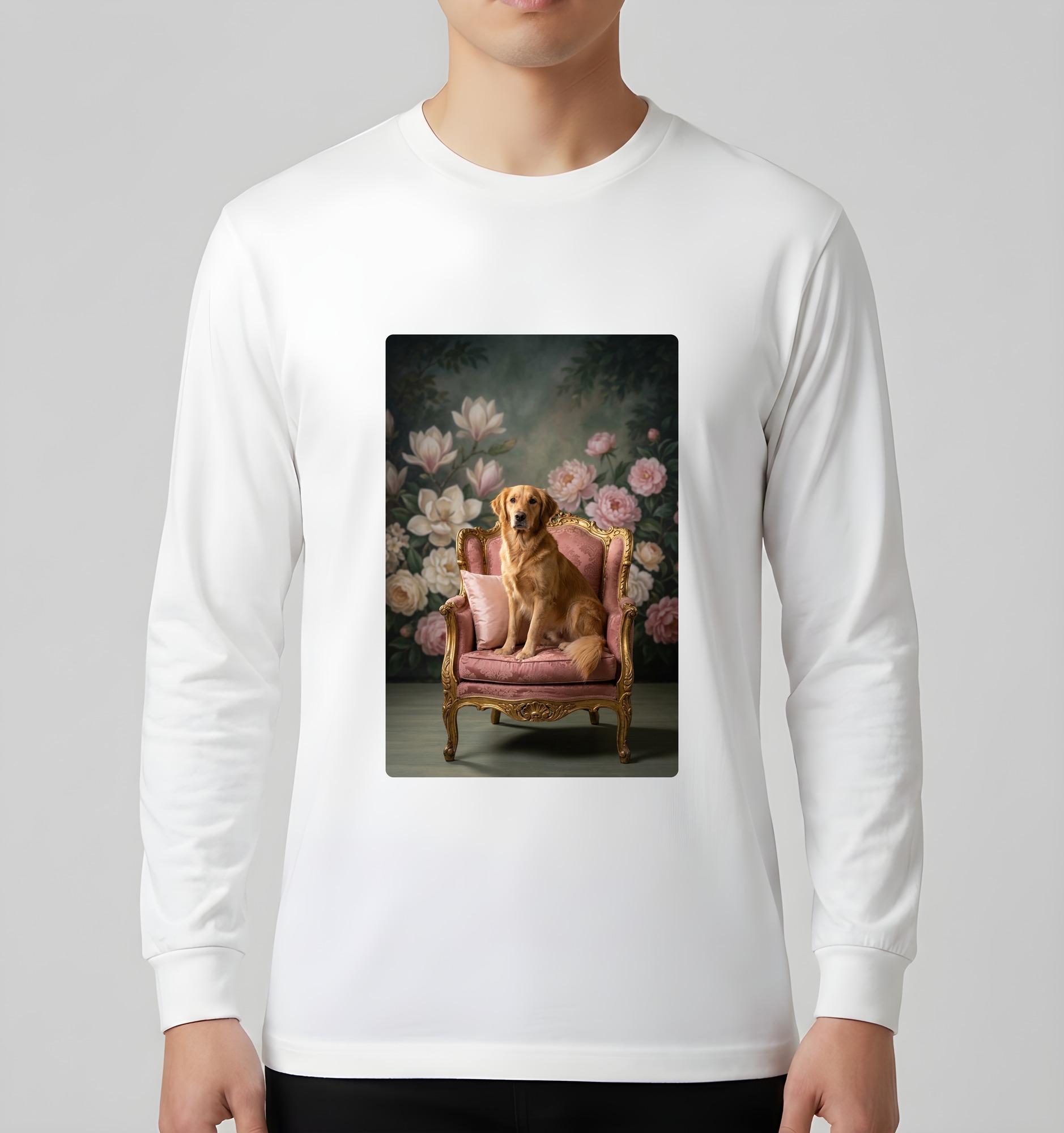 ゴールデンレトリバーのシャビーピンクの油絵風アートロココ調長袖Tシャツ(ホワイト)(3枚目)