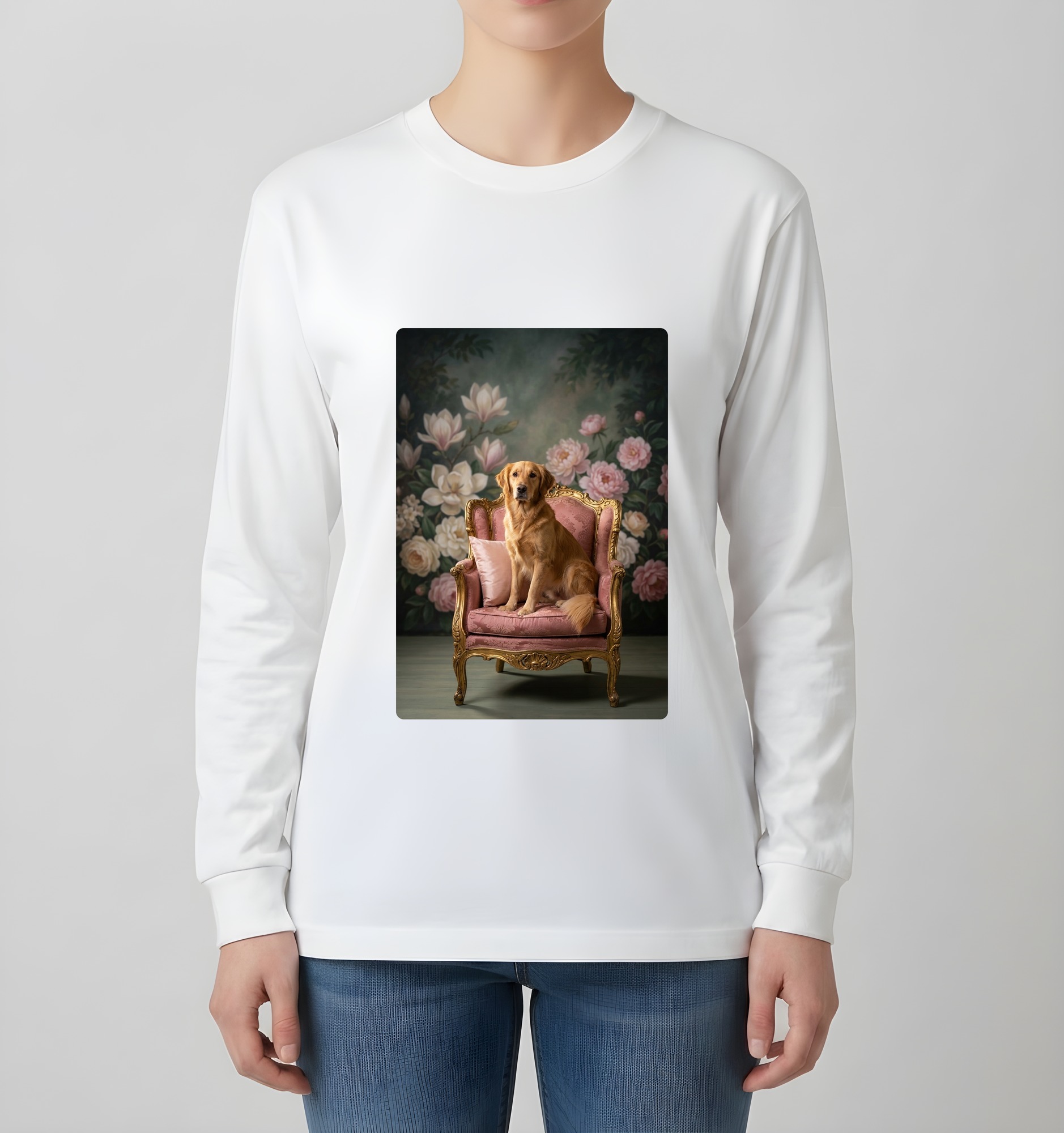 ゴールデンレトリバーのシャビーピンクの油絵風アートロココ調長袖Tシャツ(ホワイト)(4枚目)