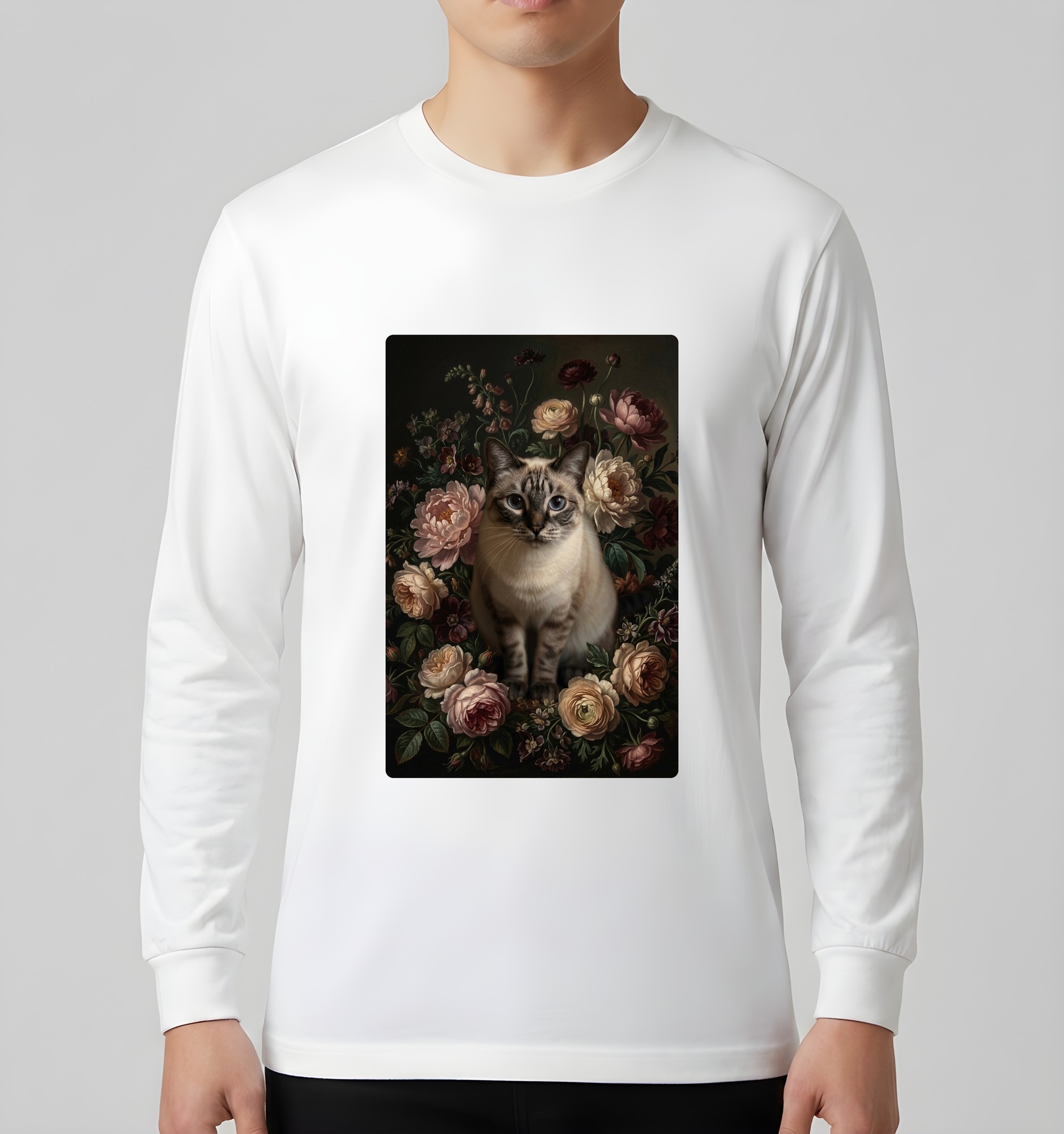 シャム猫の花の油絵風アート花柄長袖Tシャツ（ホワイト）（3枚目）