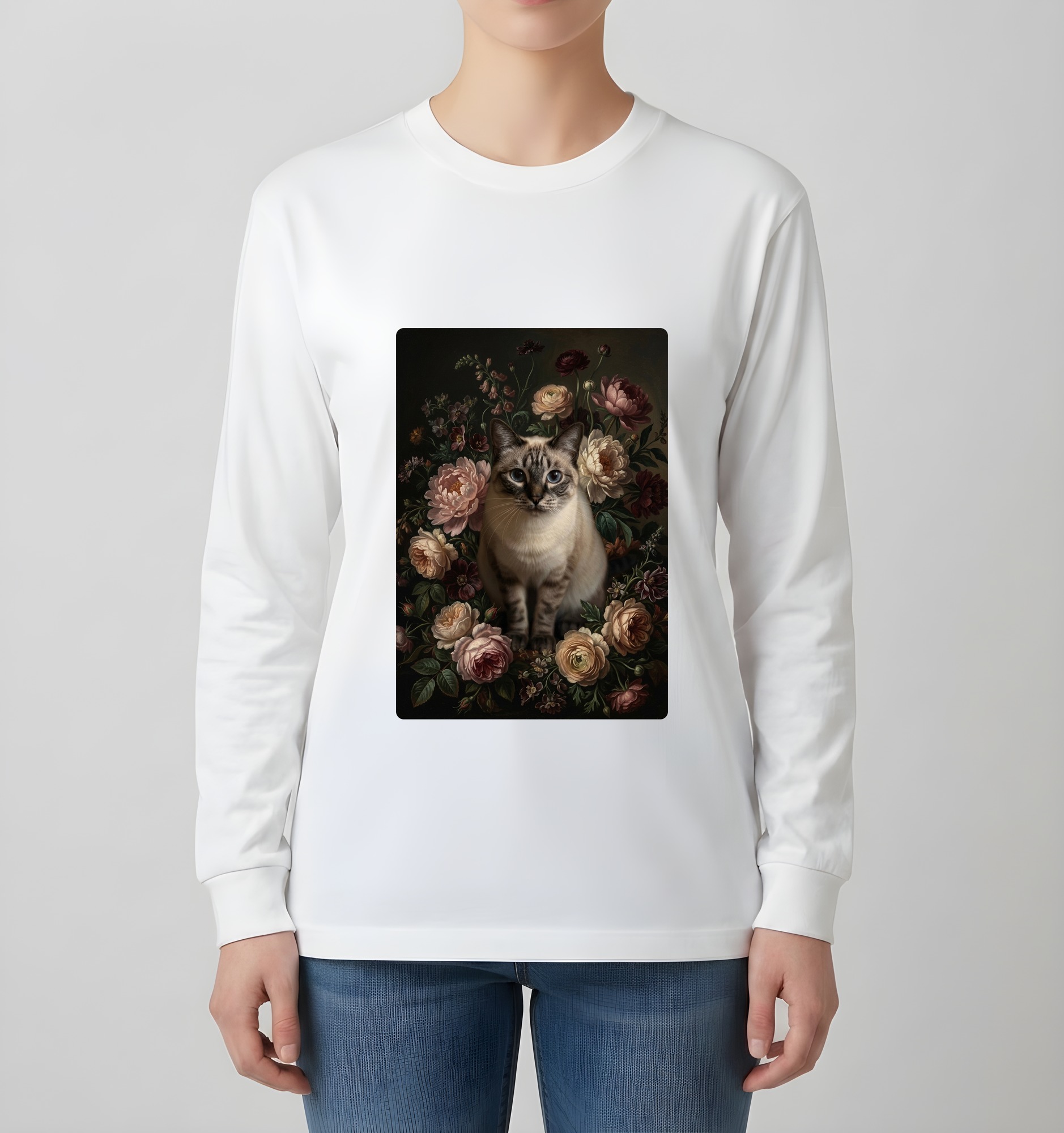 シャム猫の花の油絵風アート花柄長袖Tシャツ（ホワイト）（4枚目）