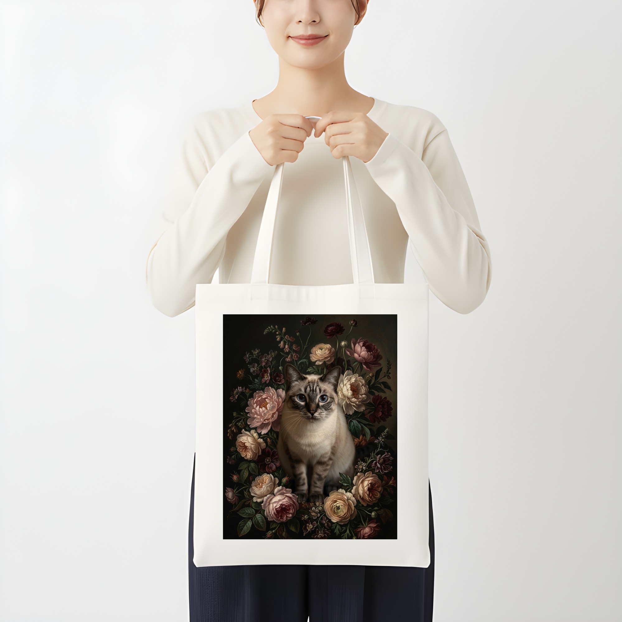 シャム猫の花の油絵風アート花柄トートバッグ（3枚目）