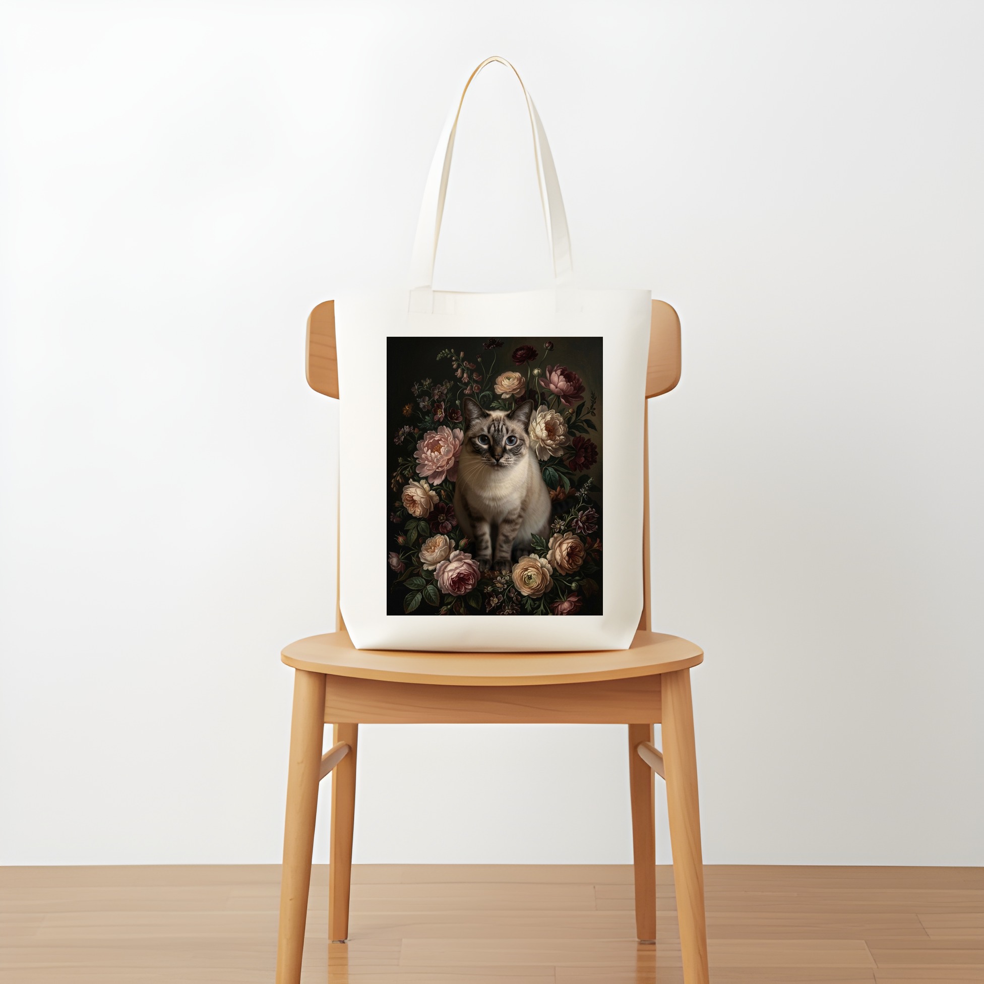 シャム猫の花の油絵風アート花柄トートバッグ（5枚目）