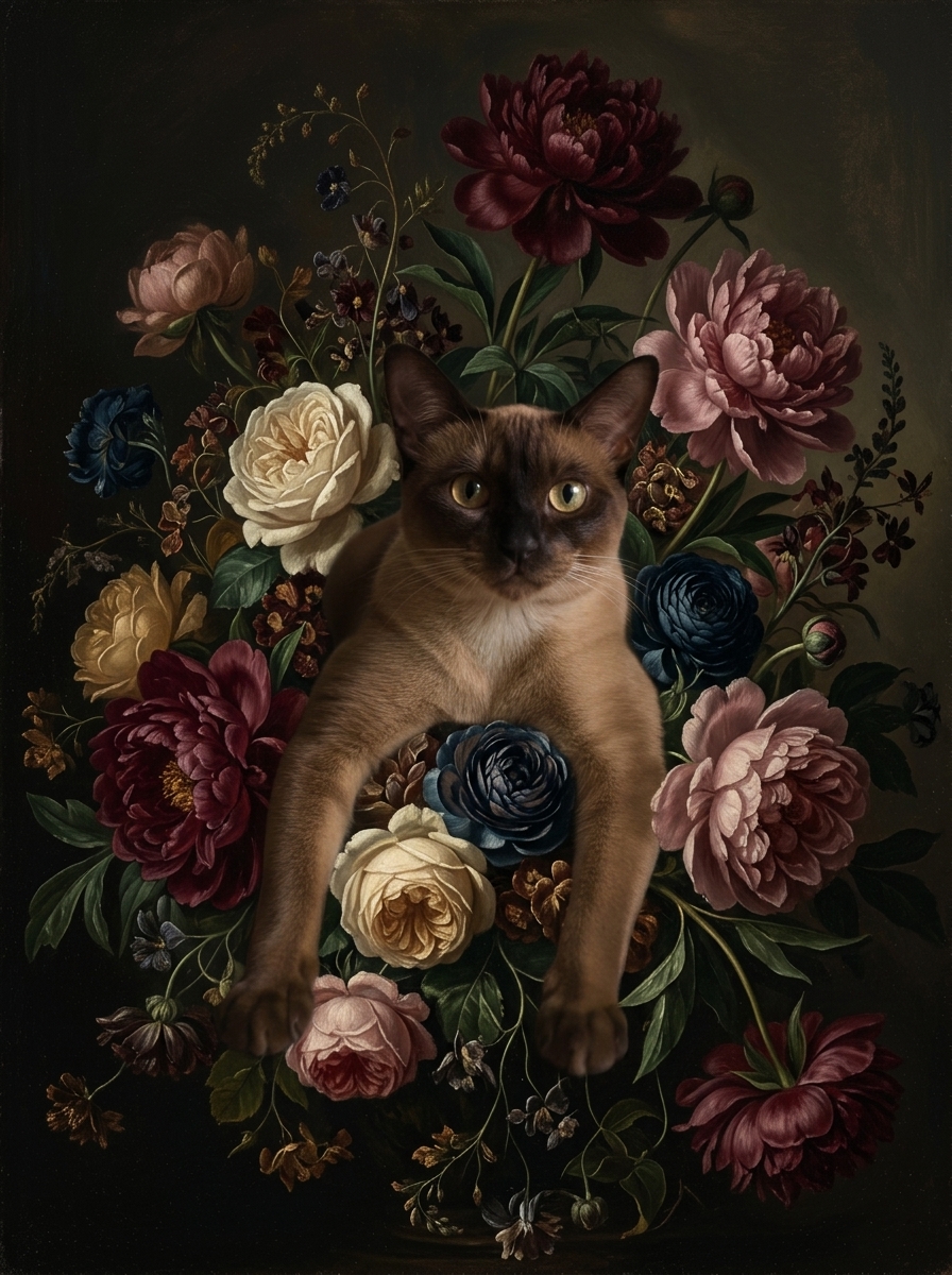バーミーズの花の油絵風アート花柄額装プリント（A4サイズ）（4枚目）