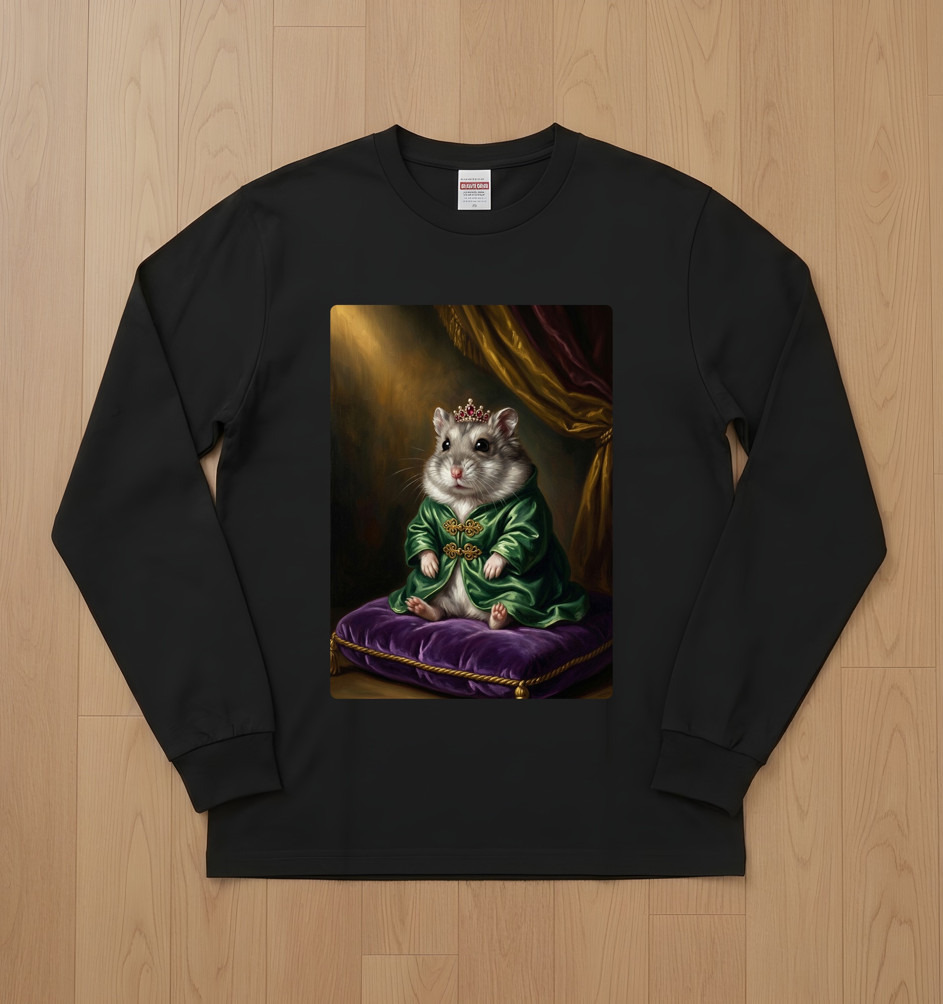 ウィンターホワイトハムスターのルネサンス肖像画長袖Tシャツ(ブラック)