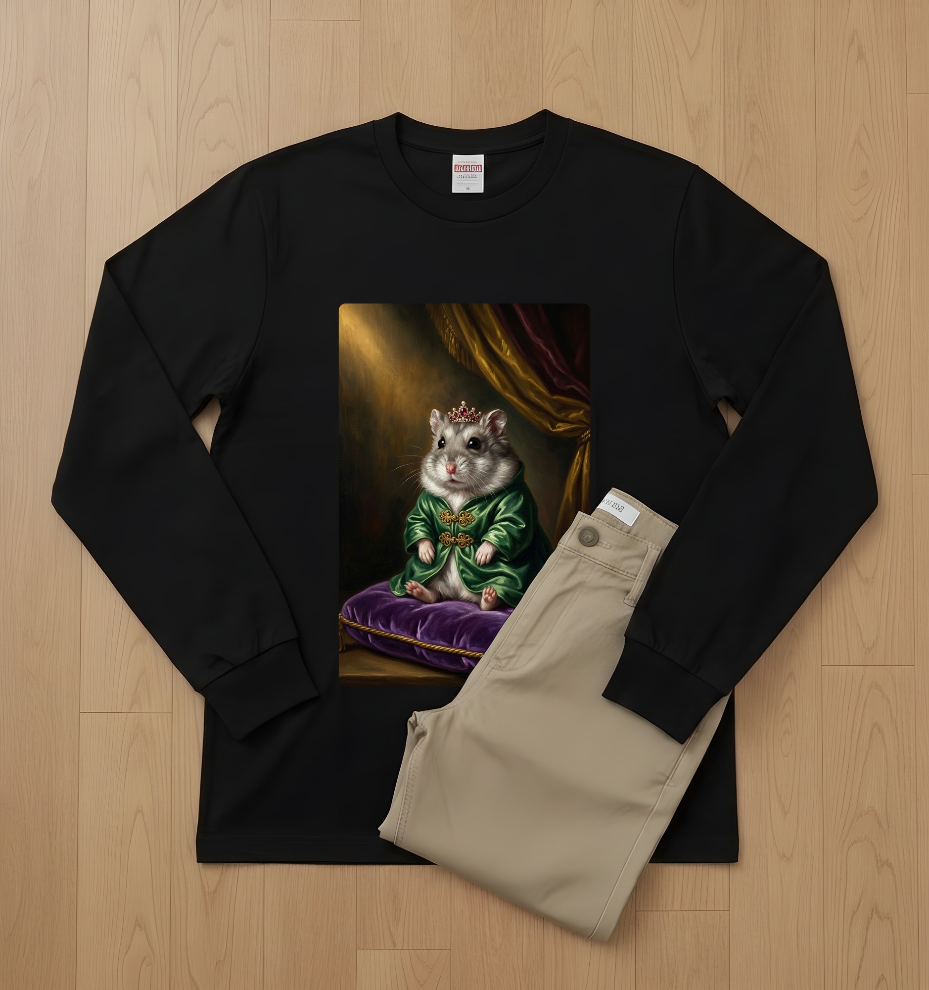 ウィンターホワイトハムスターのルネサンス肖像画長袖Tシャツ(ブラック)(2枚目)