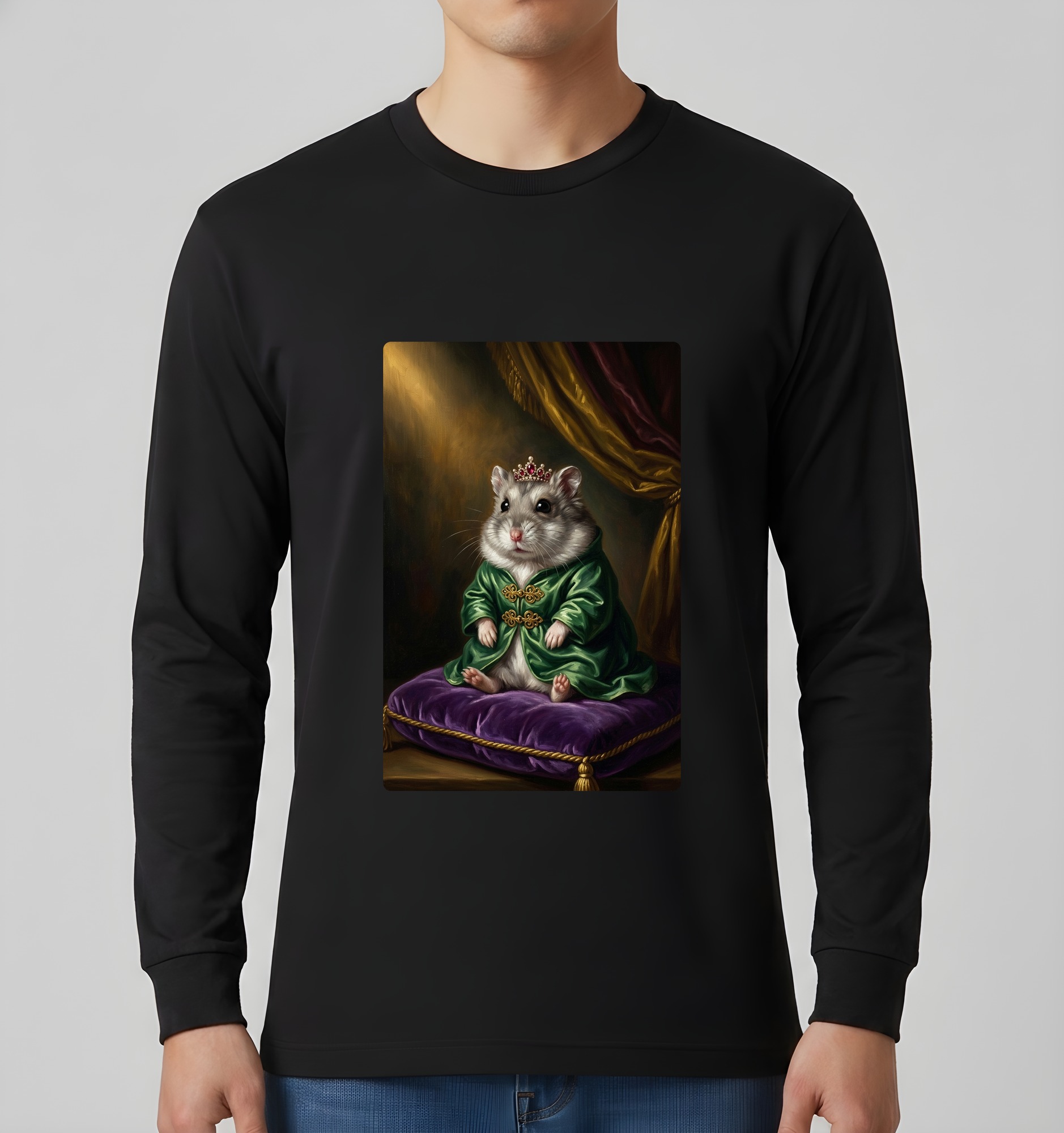 ウィンターホワイトハムスターのルネサンス肖像画長袖Tシャツ(ブラック)(3枚目)