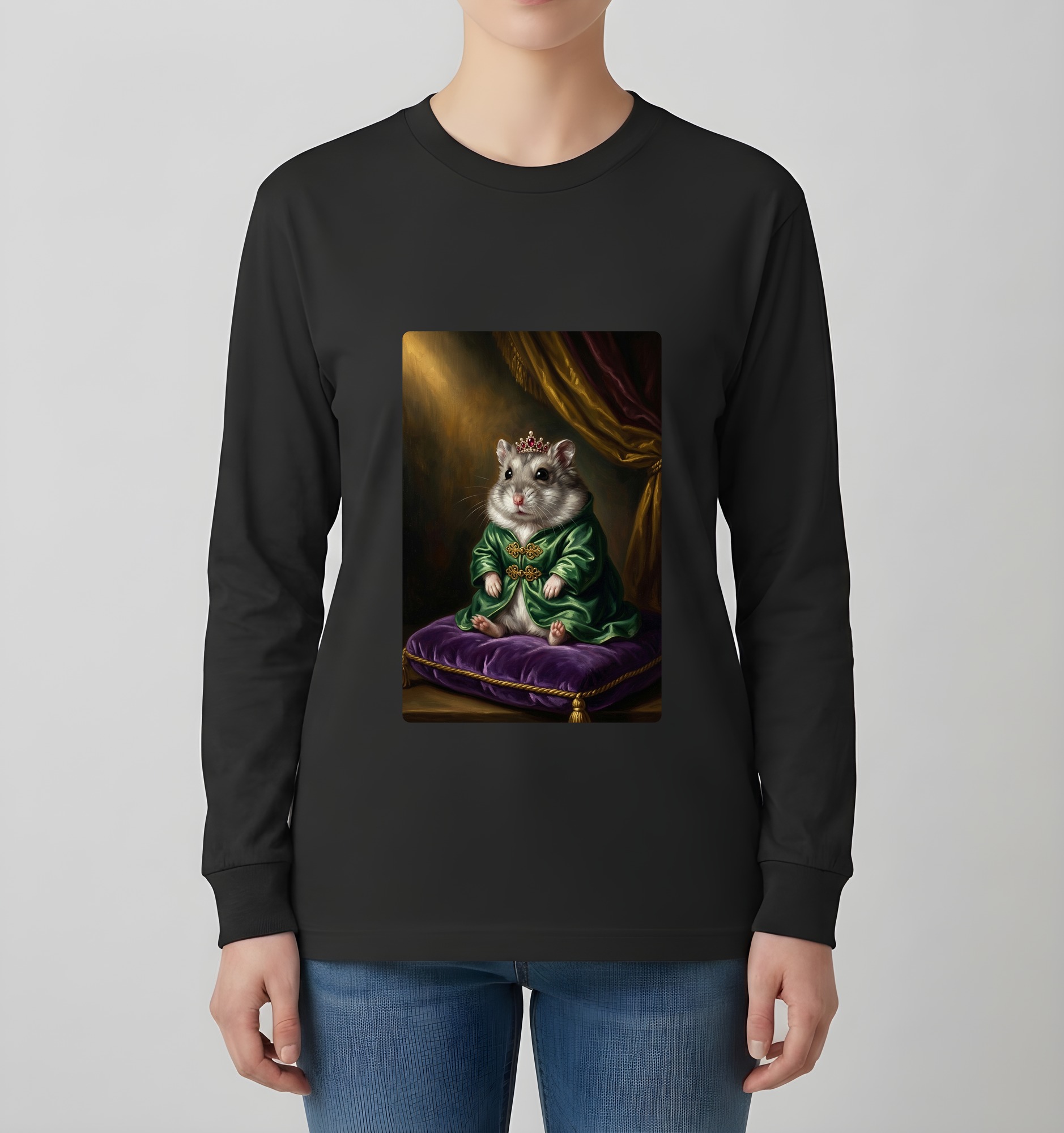 ウィンターホワイトハムスターのルネサンス肖像画長袖Tシャツ(ブラック)(4枚目)