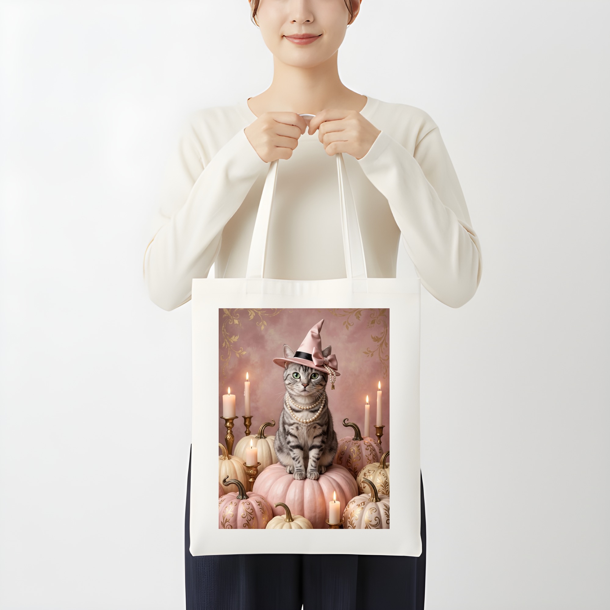 アメリカンショートヘアのかぼちゃとキャンドルの油絵風アートハロウィントートバッグ（3枚目）