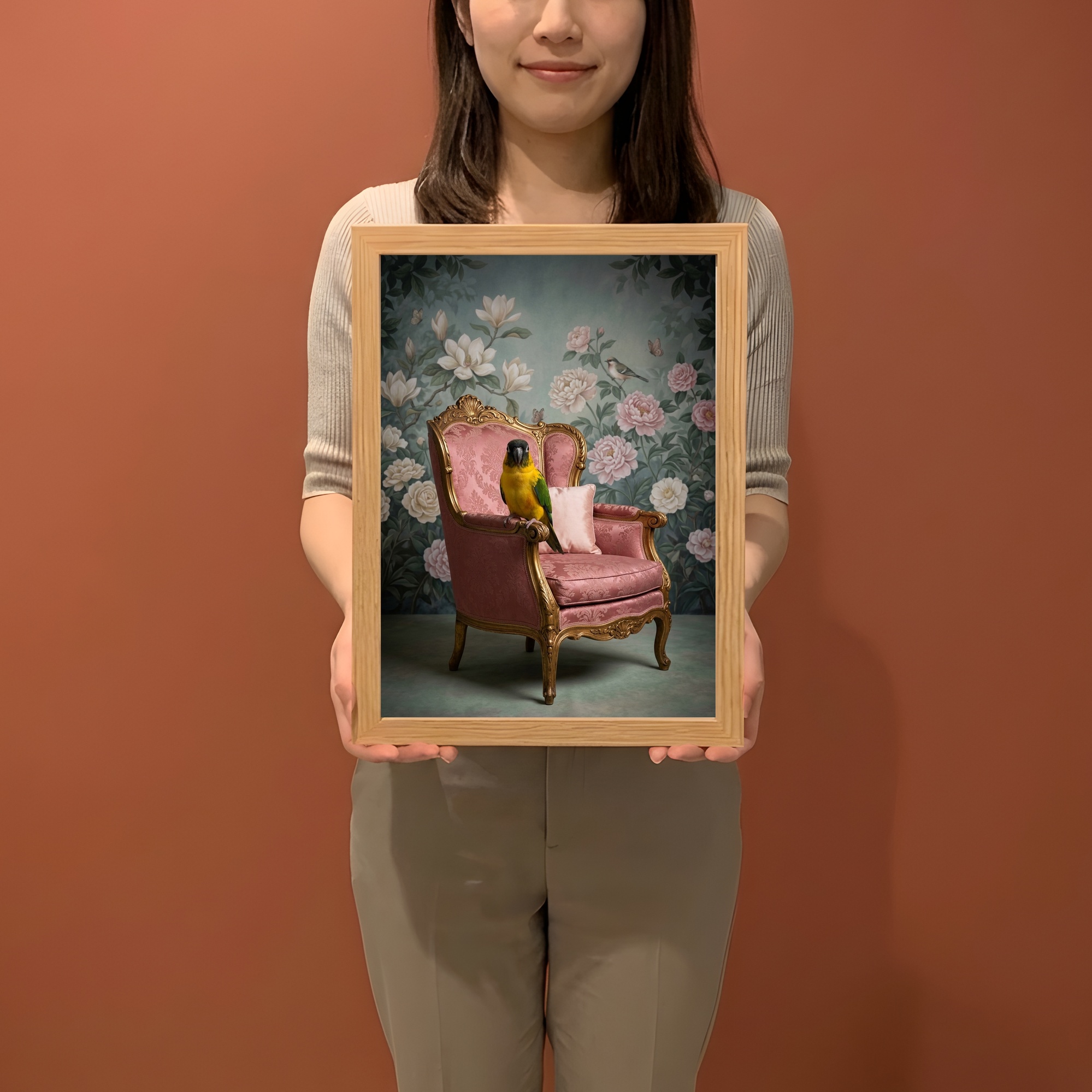 ズグロシロハラインコのシャビーピンクの油絵風アートロココ調額装プリント(A4サイズ)(2枚目)