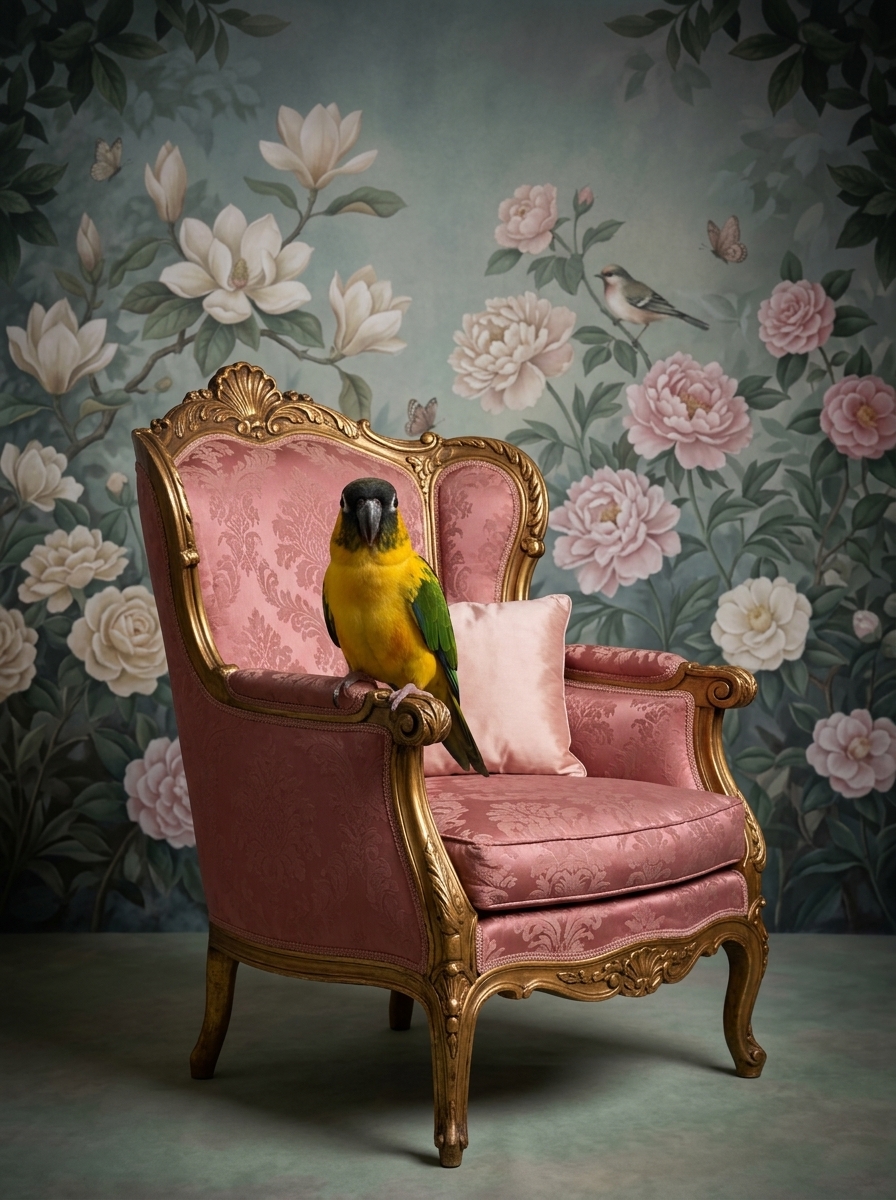 ズグロシロハラインコのシャビーピンクの油絵風アートロココ調額装プリント(A4サイズ)(4枚目)