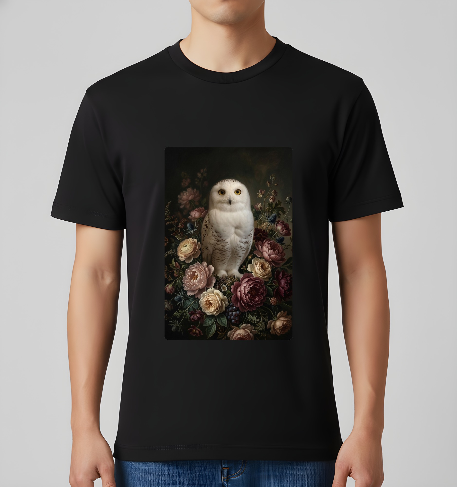 シロフクロウの花の油絵風アート花柄Tシャツ（ブラック）（3枚目）