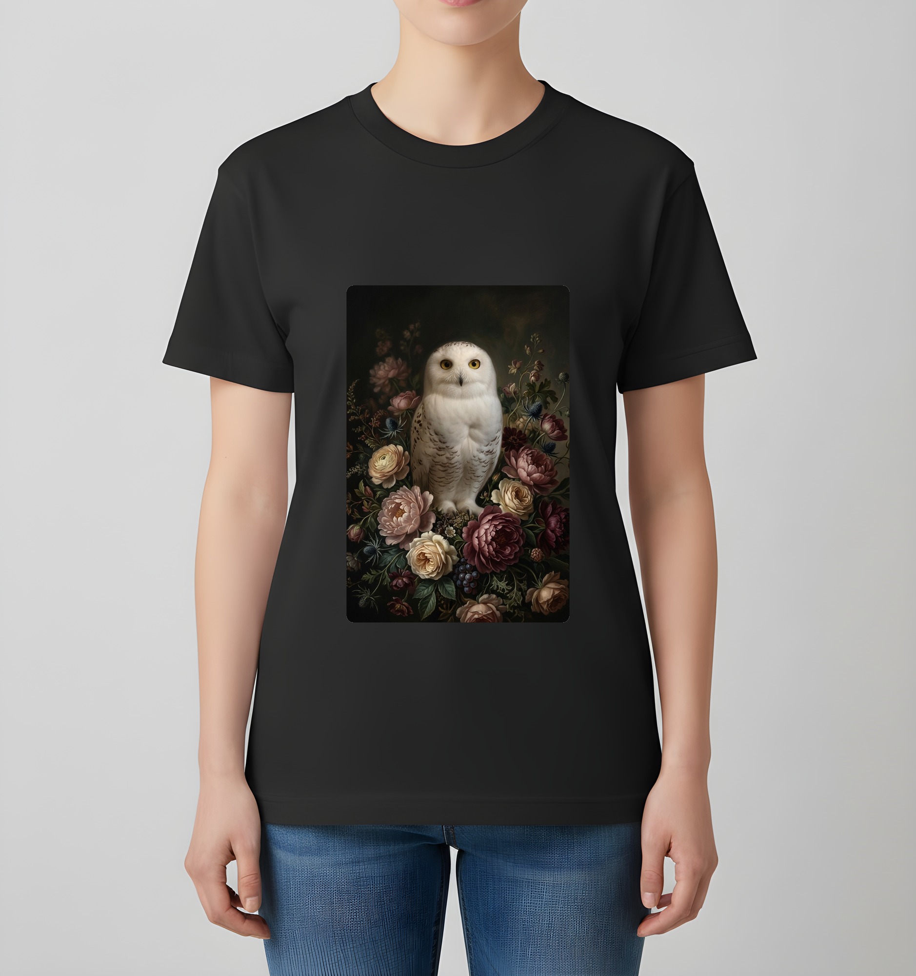 シロフクロウの花の油絵風アート花柄Tシャツ（ブラック）（4枚目）