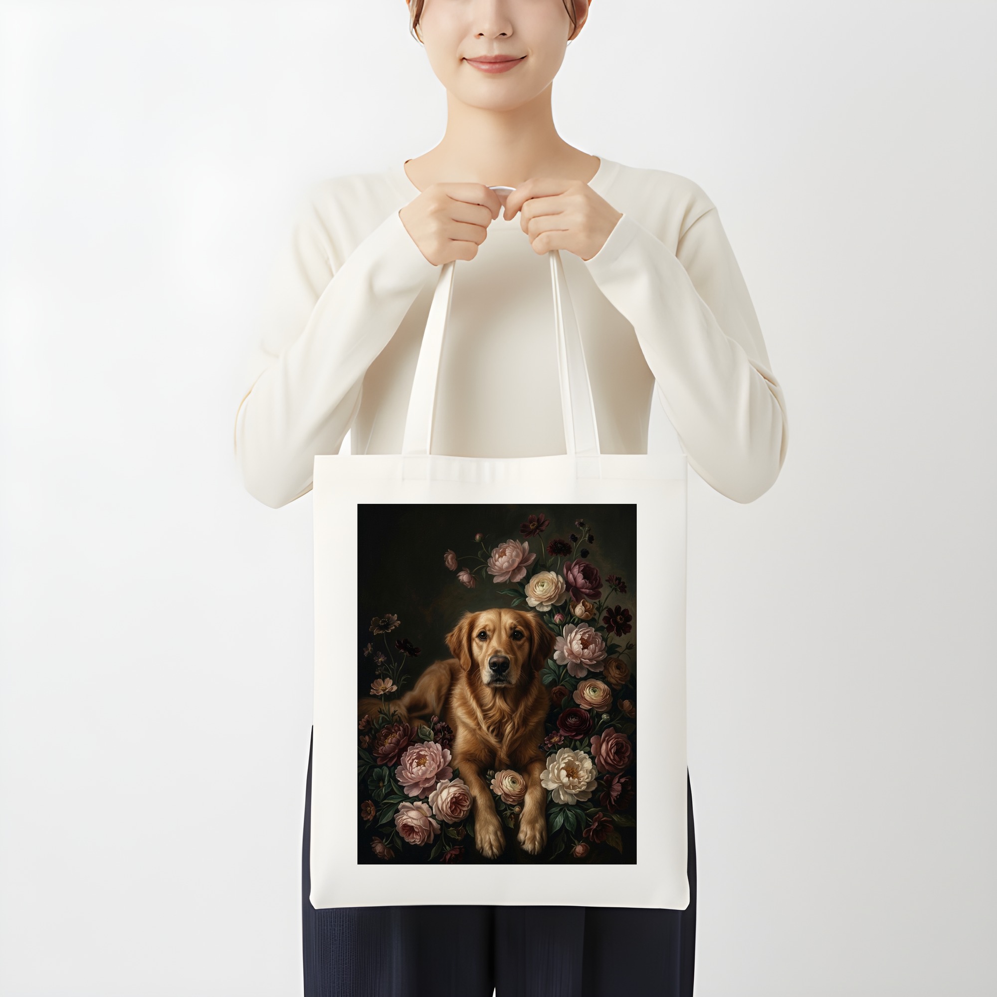 ゴールデンレトリバーの花の油絵風アート花柄トートバッグ(3枚目)