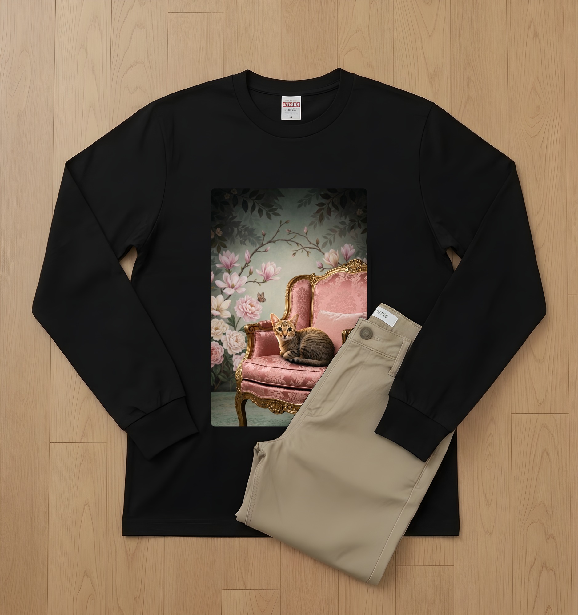 シンガプーラのシャビーピンクの油絵風アートロココ調長袖Tシャツ(ブラック)(2枚目)