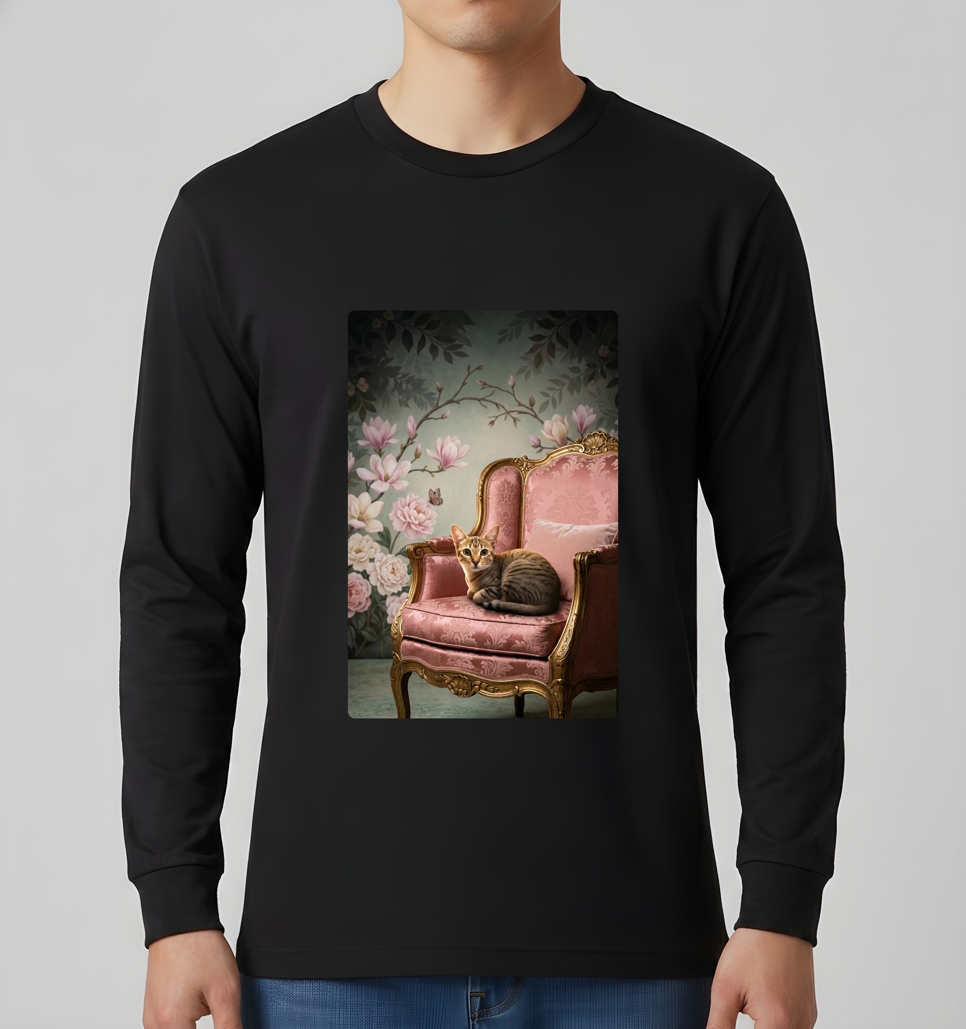 シンガプーラのシャビーピンクの油絵風アートロココ調長袖Tシャツ(ブラック)(3枚目)