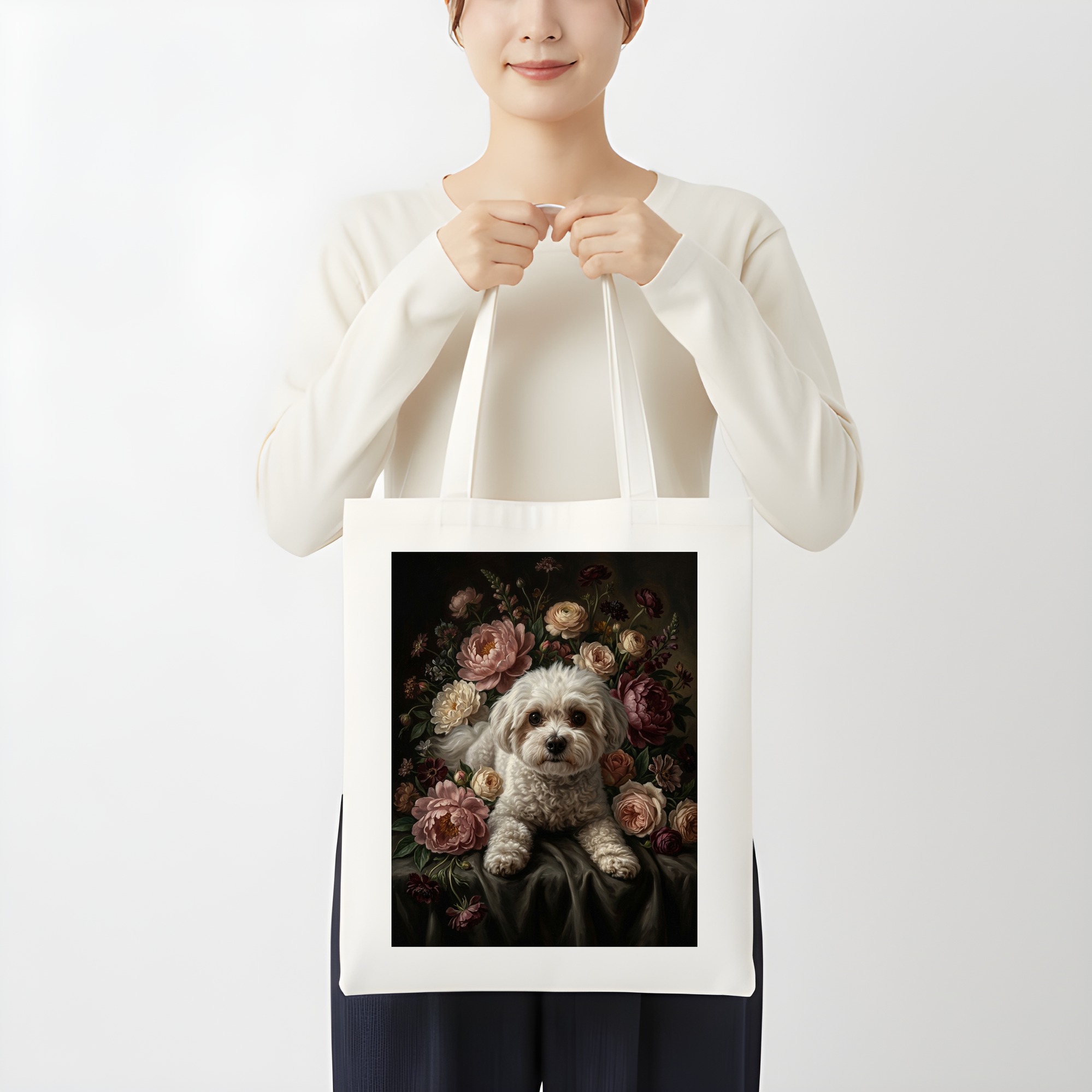 マルチーズの花の油絵風アート花柄トートバッグ(3枚目)