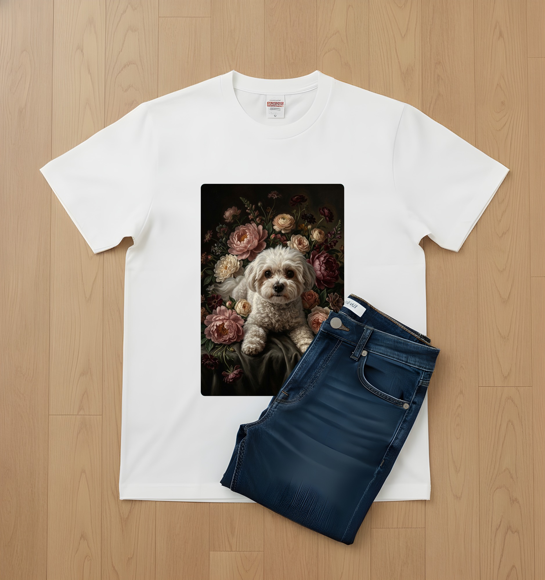 マルチーズの花の油絵風アート花柄Tシャツ(ホワイト)(2枚目)