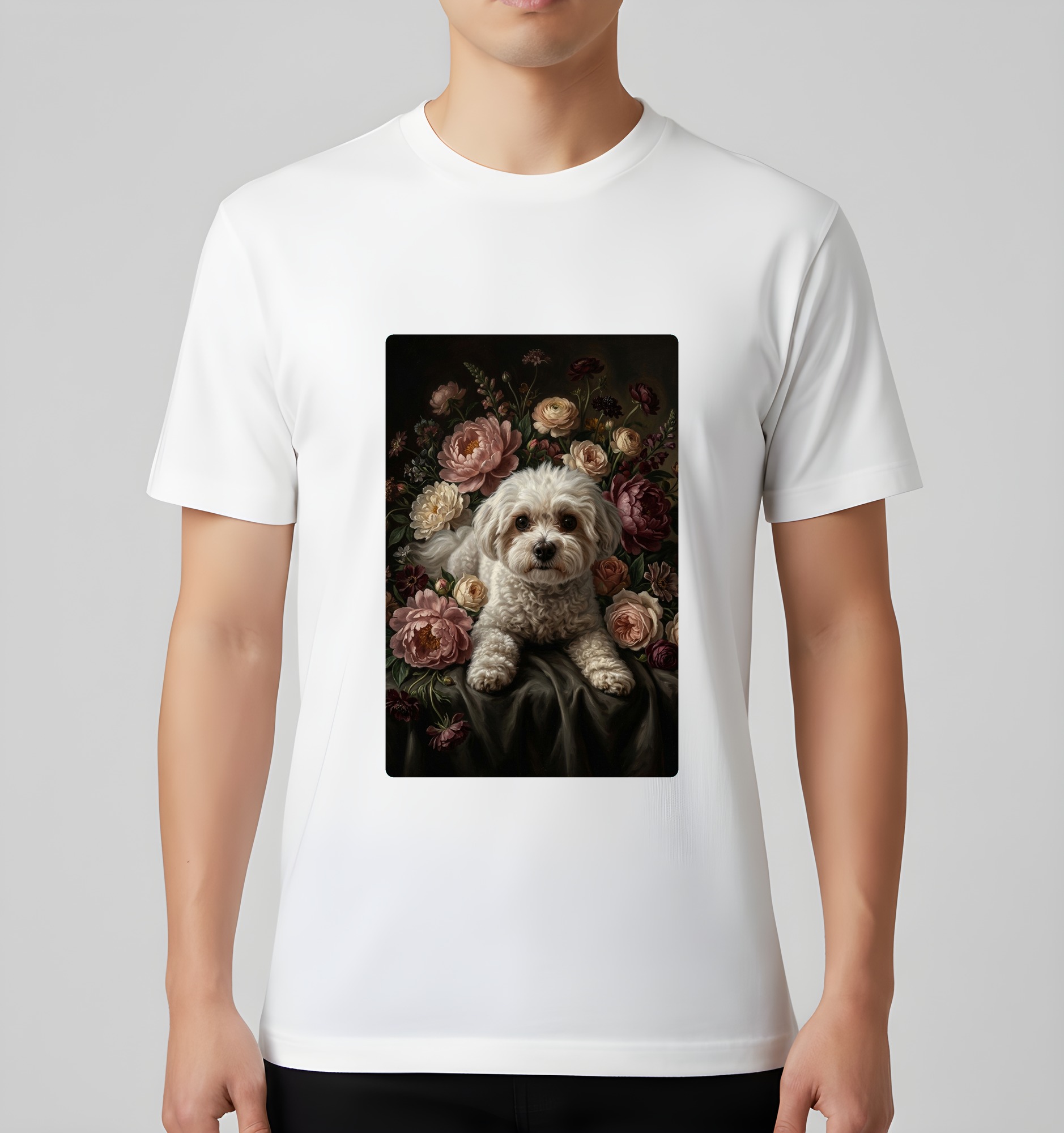 マルチーズの花の油絵風アート花柄Tシャツ(ホワイト)(3枚目)