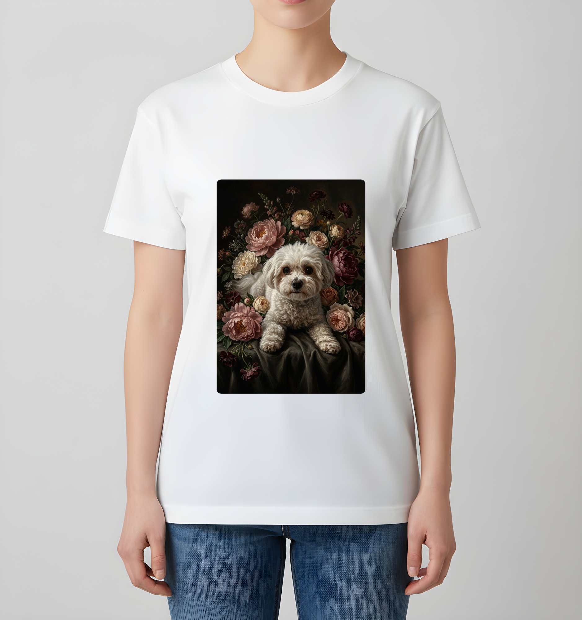 マルチーズの花の油絵風アート花柄Tシャツ(ホワイト)(4枚目)