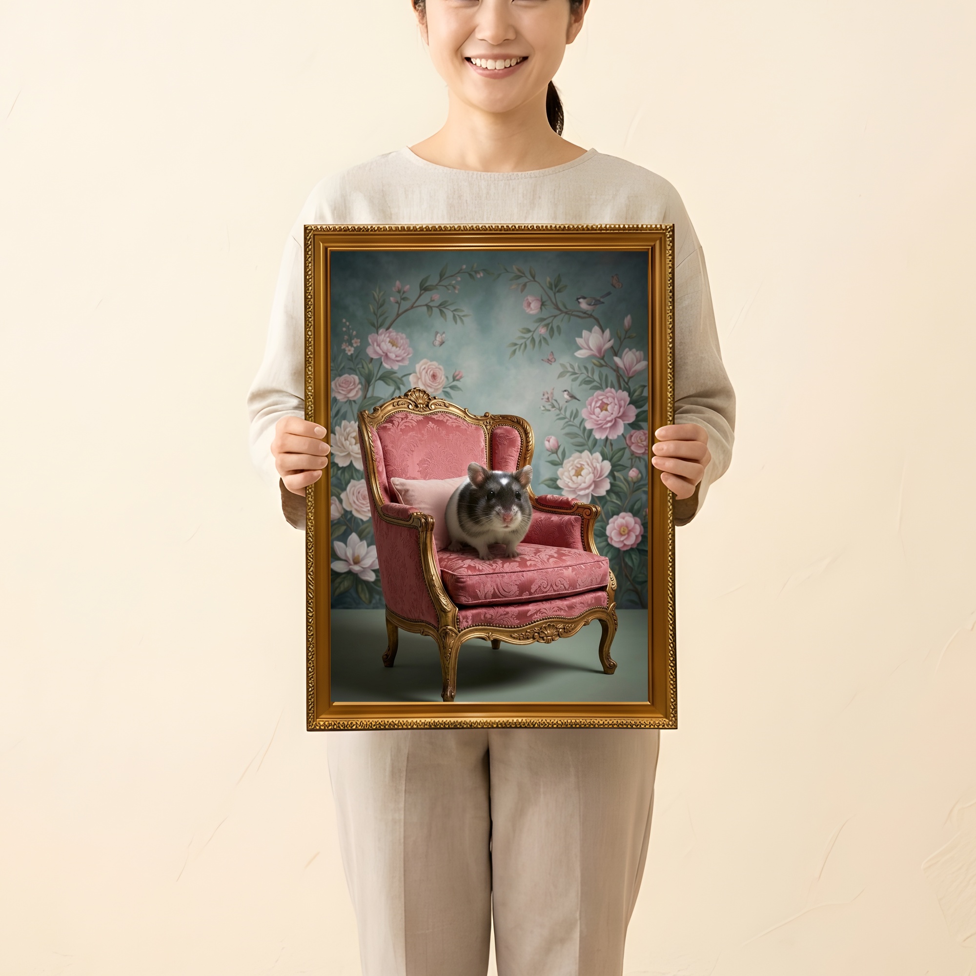 パンダハムスターのシャビーピンクの油絵風アートロココ調額装プリント(A3サイズ)(2枚目)