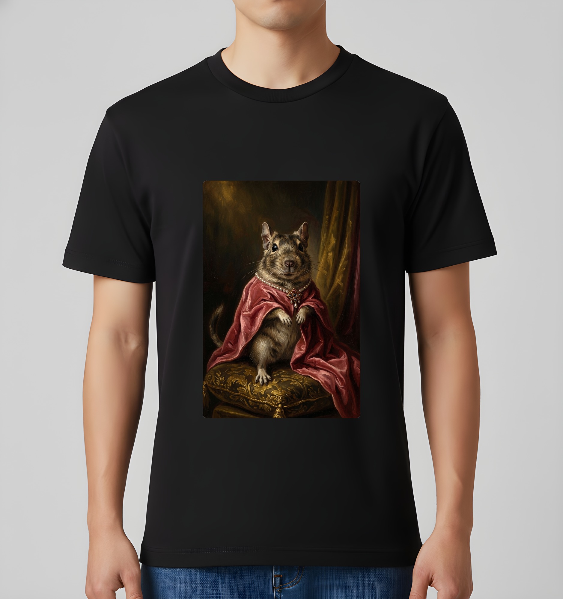 デグーのルネサンス肖像画Tシャツ（ブラック・カラープリント・額縁なし）（3枚目）
