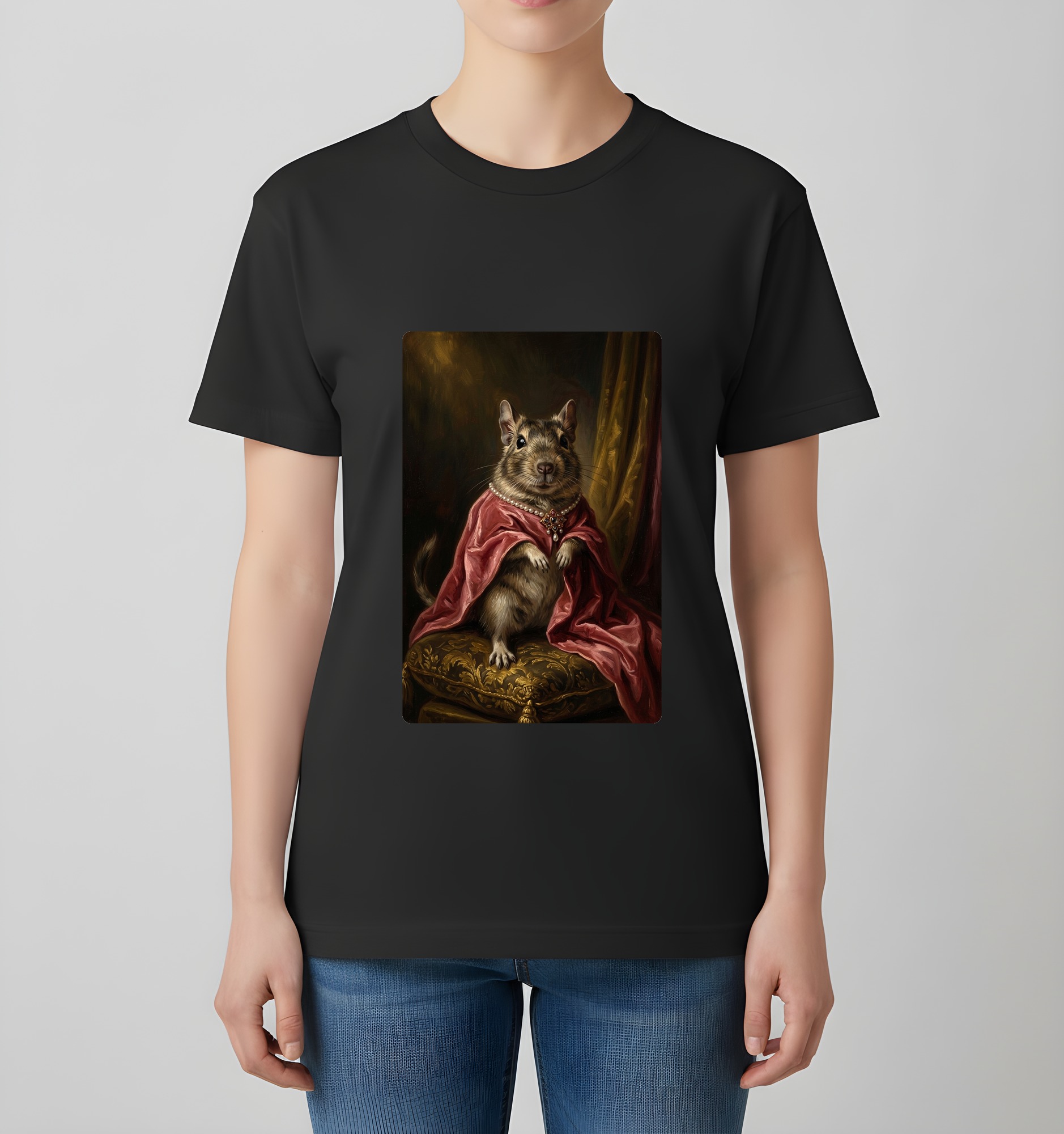 デグーのルネサンス肖像画Tシャツ（ブラック・カラープリント・額縁なし）（4枚目）