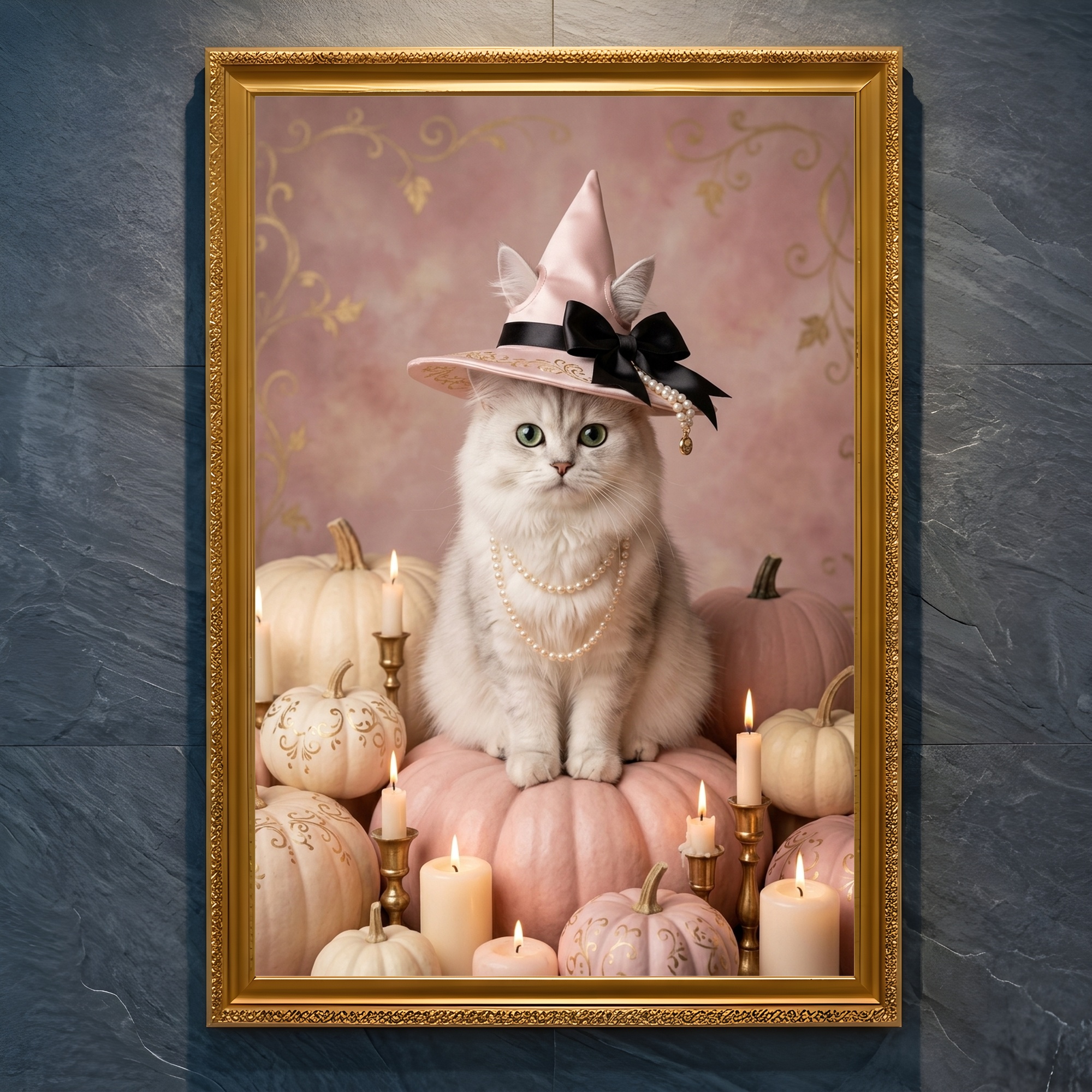 チンチラペルシャのかぼちゃとキャンドルの油絵風アートハロウィン額装プリント(A4金縁)