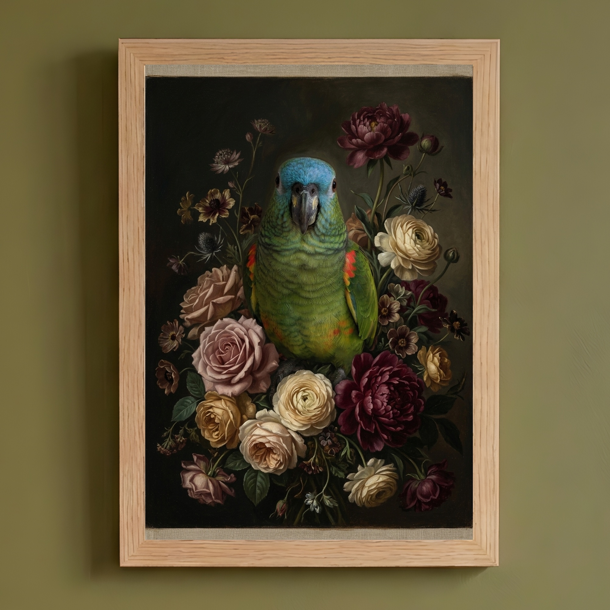 アオボウシインコの花の油絵風アート花柄額装プリント(A4サイズ)