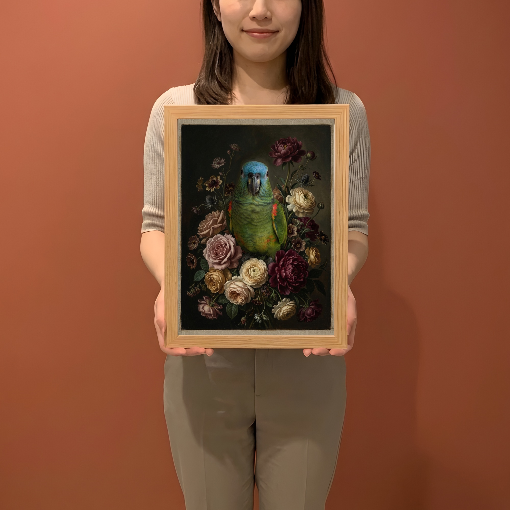 アオボウシインコの花の油絵風アート花柄額装プリント(A4サイズ)(2枚目)