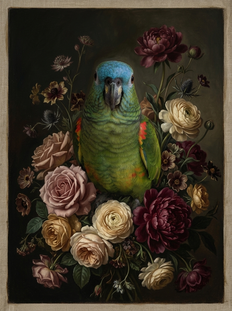 アオボウシインコの花の油絵風アート花柄額装プリント(A4サイズ)(4枚目)
