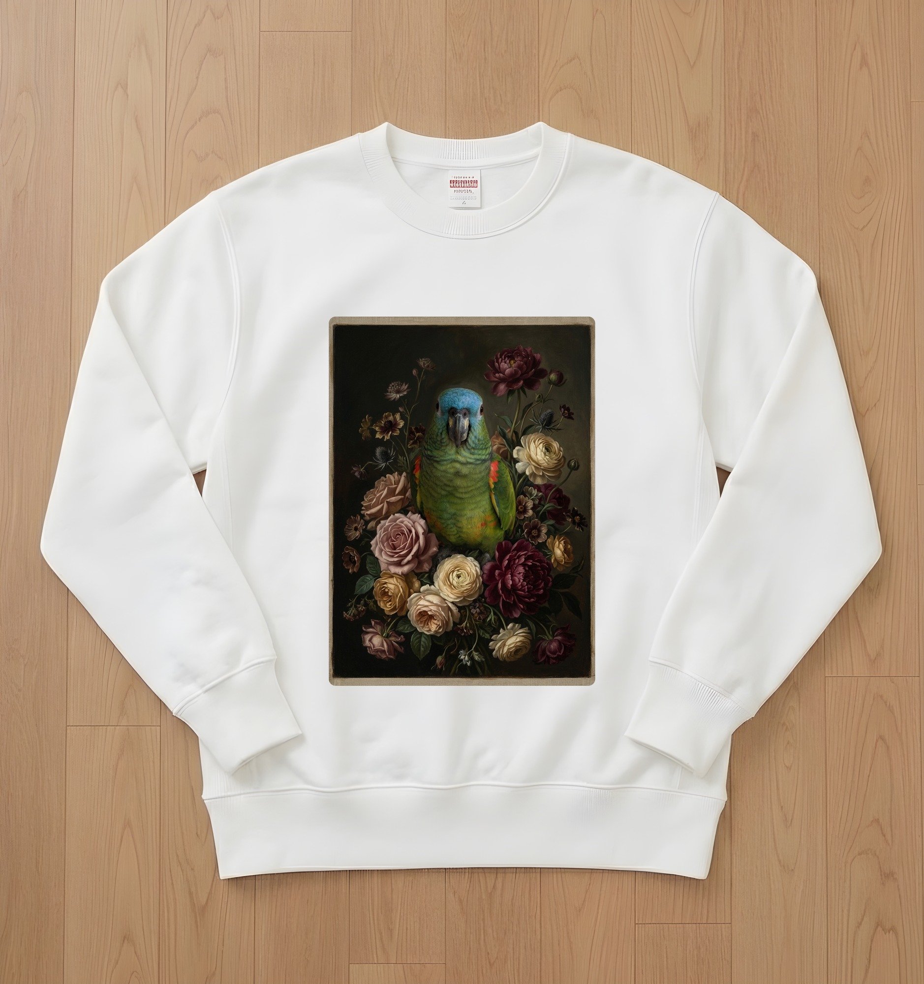 アオボウシインコの花の油絵風アート花柄トレーナー(ホワイト)